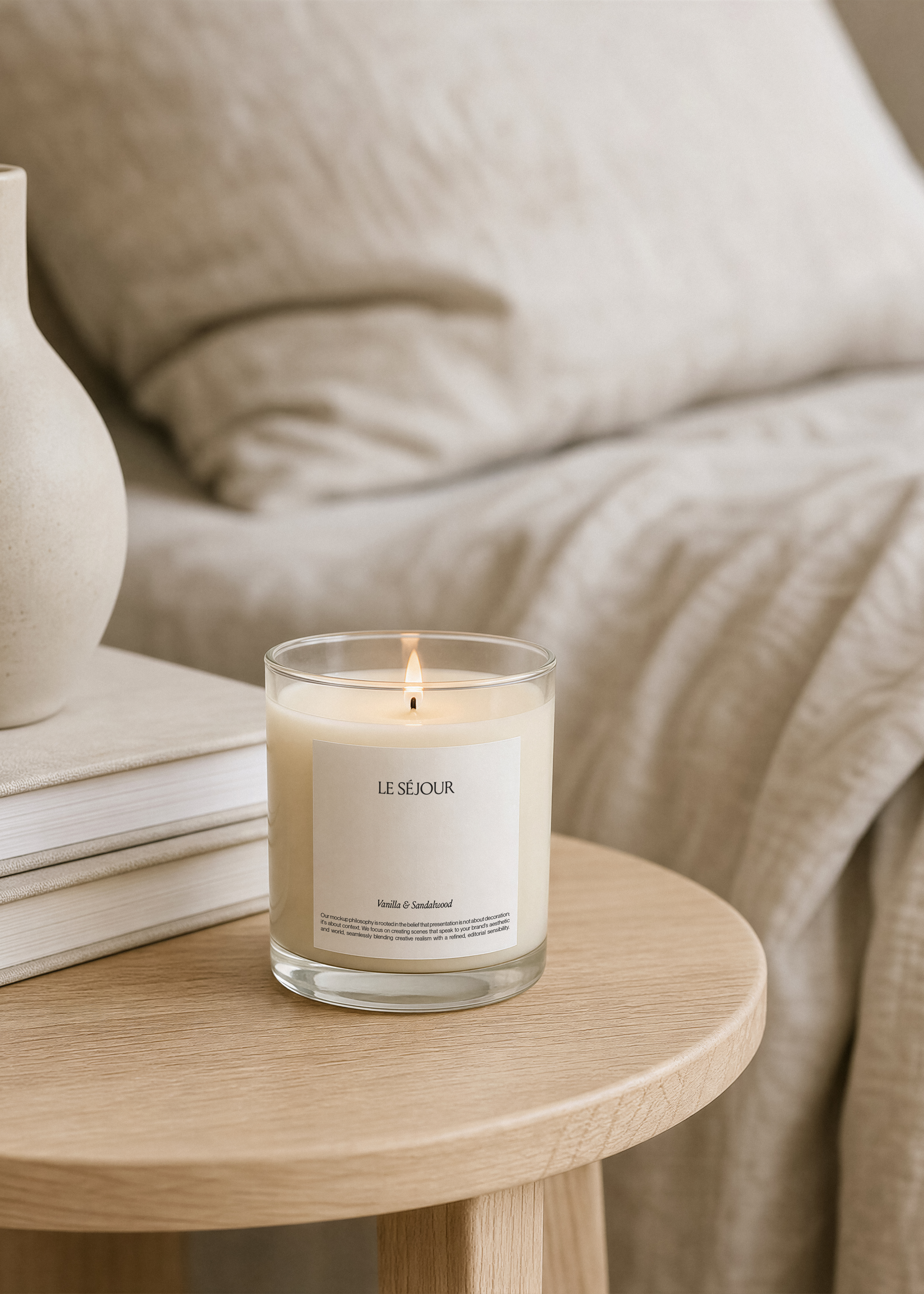 Lit glass candle jar mockup with square label on a round oak side table beside books and a ceramic vase, linen bed behind