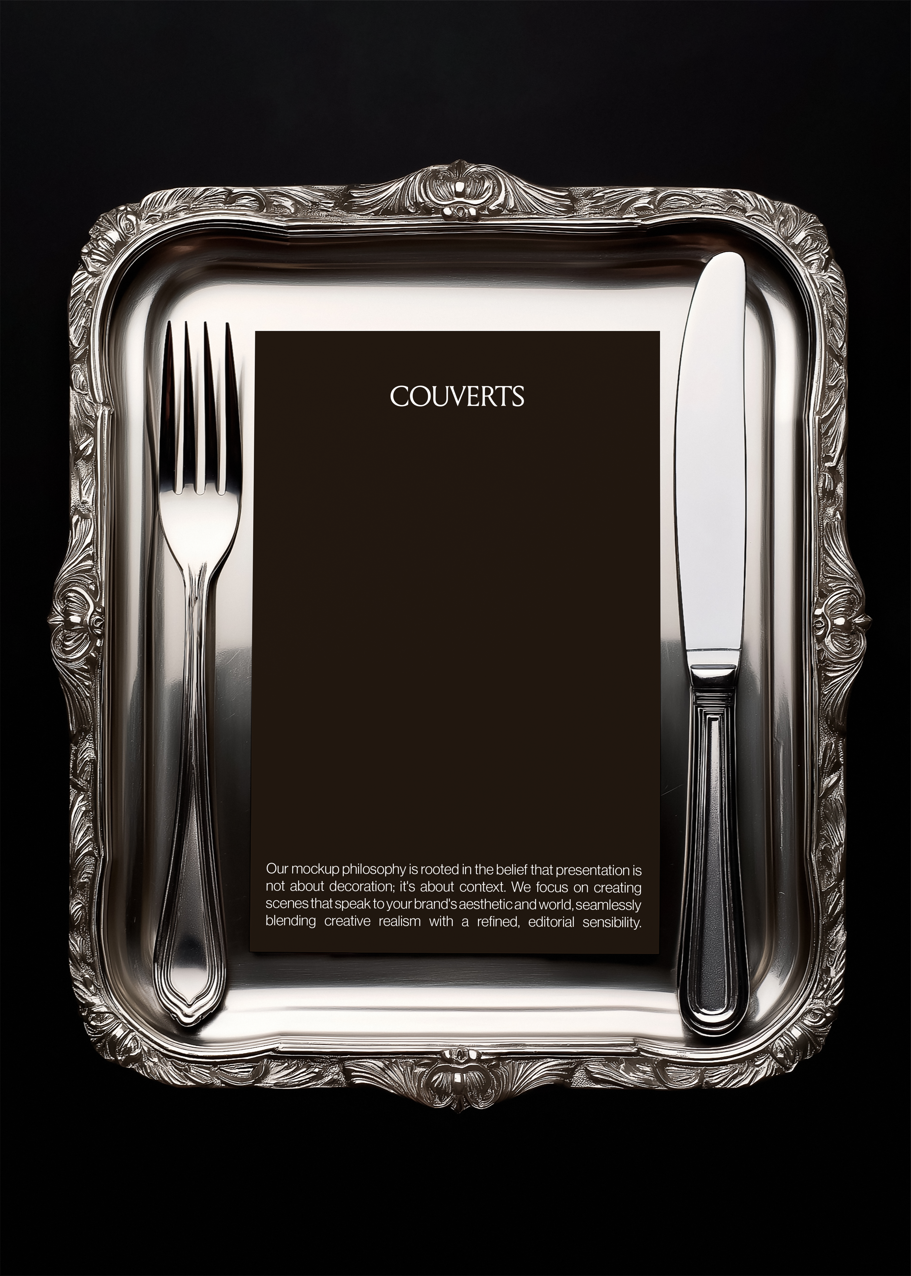 Portrait card mockup centred on shell-scrolled silver tray with fork and knife framing it, black background