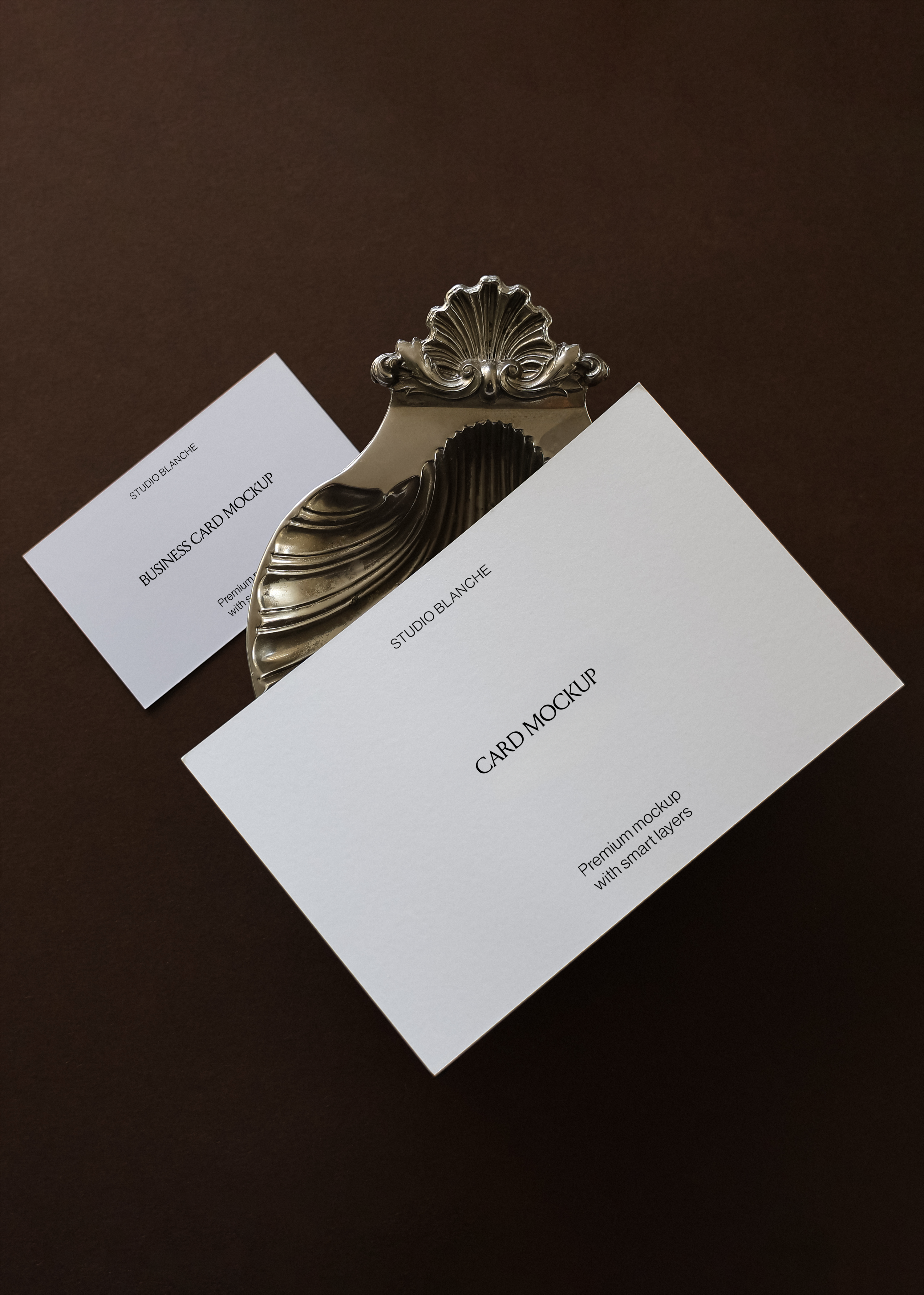 Card mockup set detail showing paired business card and landscape card against silver shell clip fitting