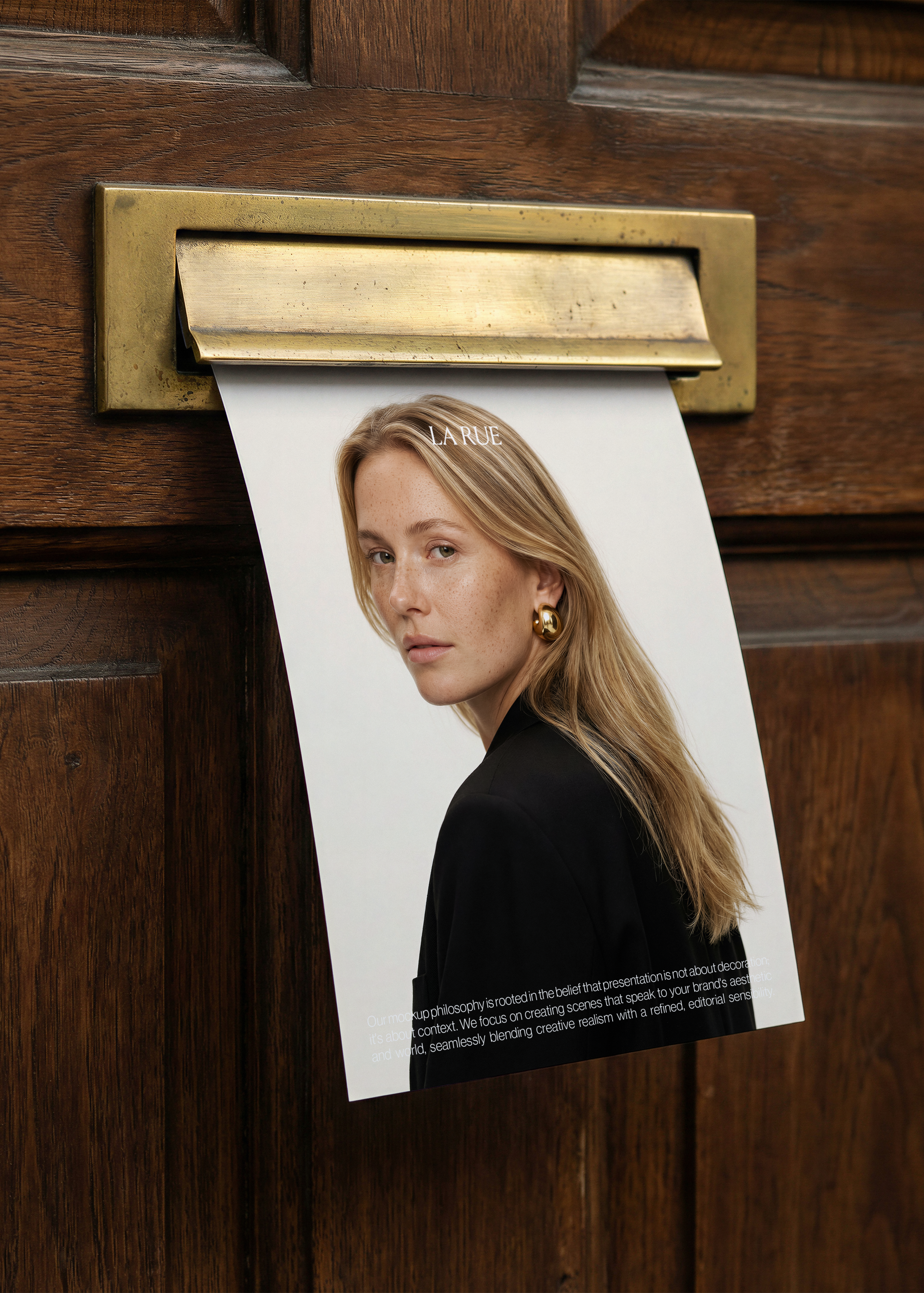 Card mockup with portrait of woman with long blonde hair and gold earring emerging from brass letterbox on oak door