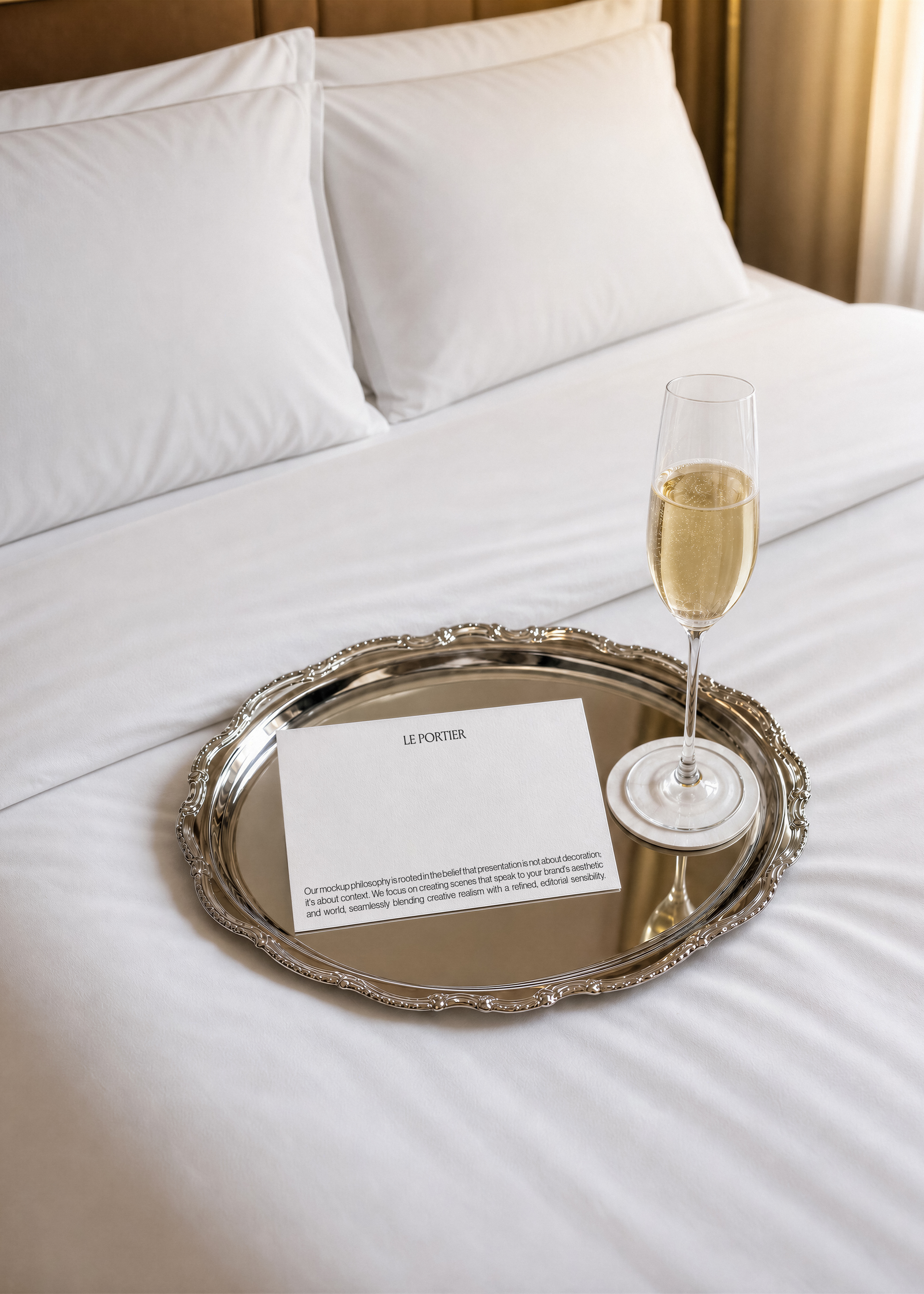 Card mockup resting on an ornate silver tray with a champagne flute, set on white hotel bed linen