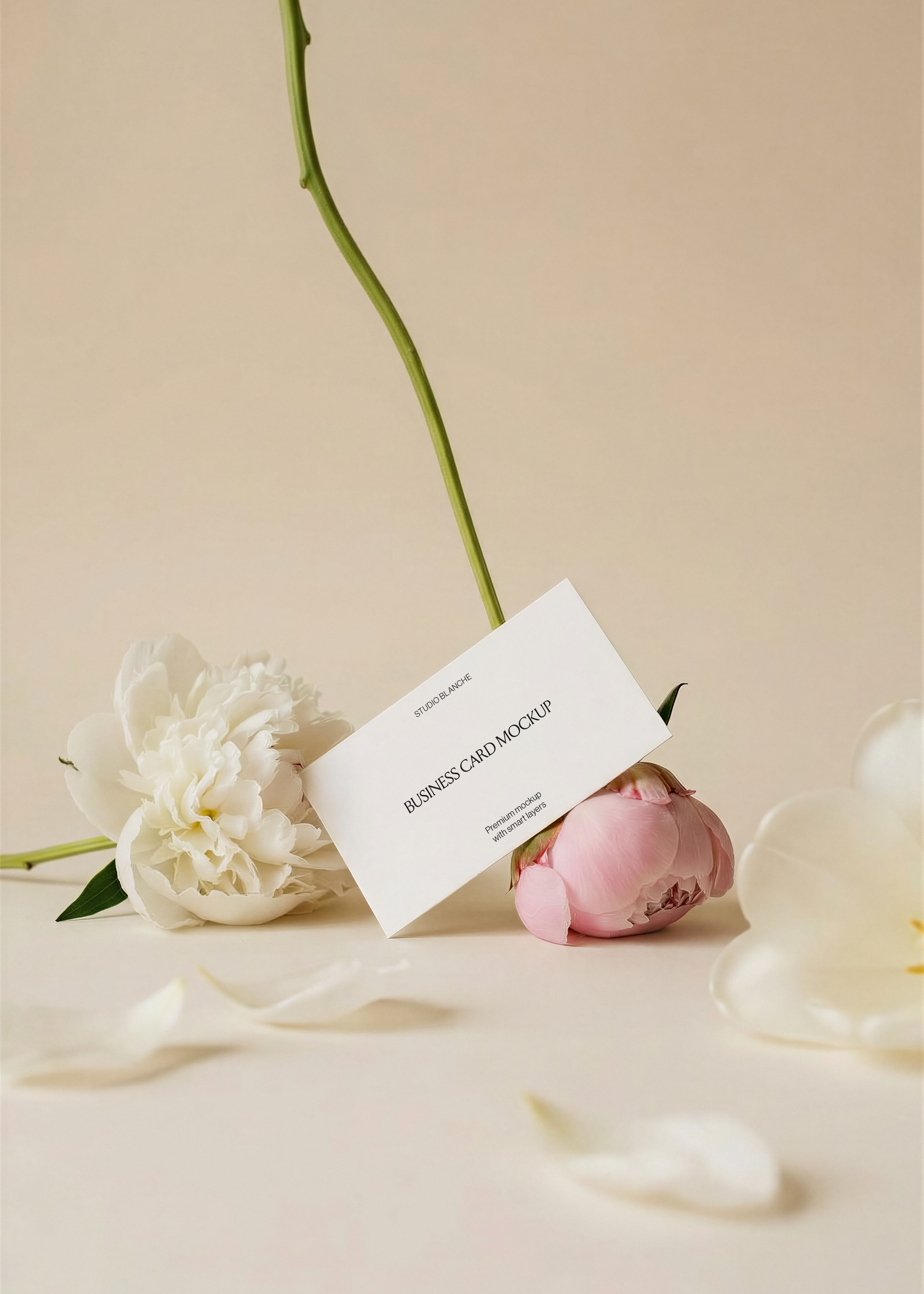 Business card mockup propped against pink peony bud beside open white peony, fallen petals foreground, beige surface and background