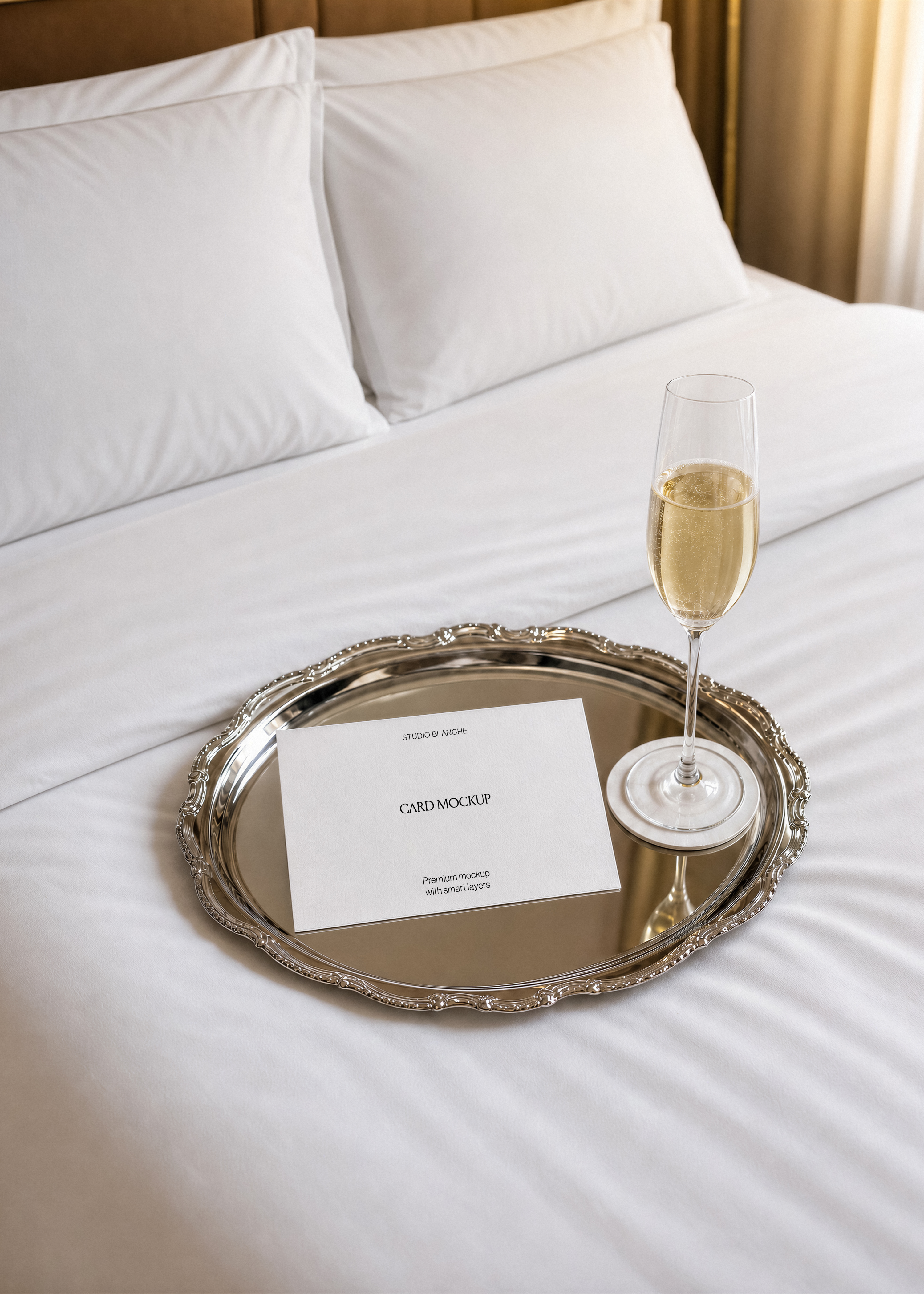 Blank card mockup angled on a mirrored silver tray beside a filled champagne glass, white pillows behind