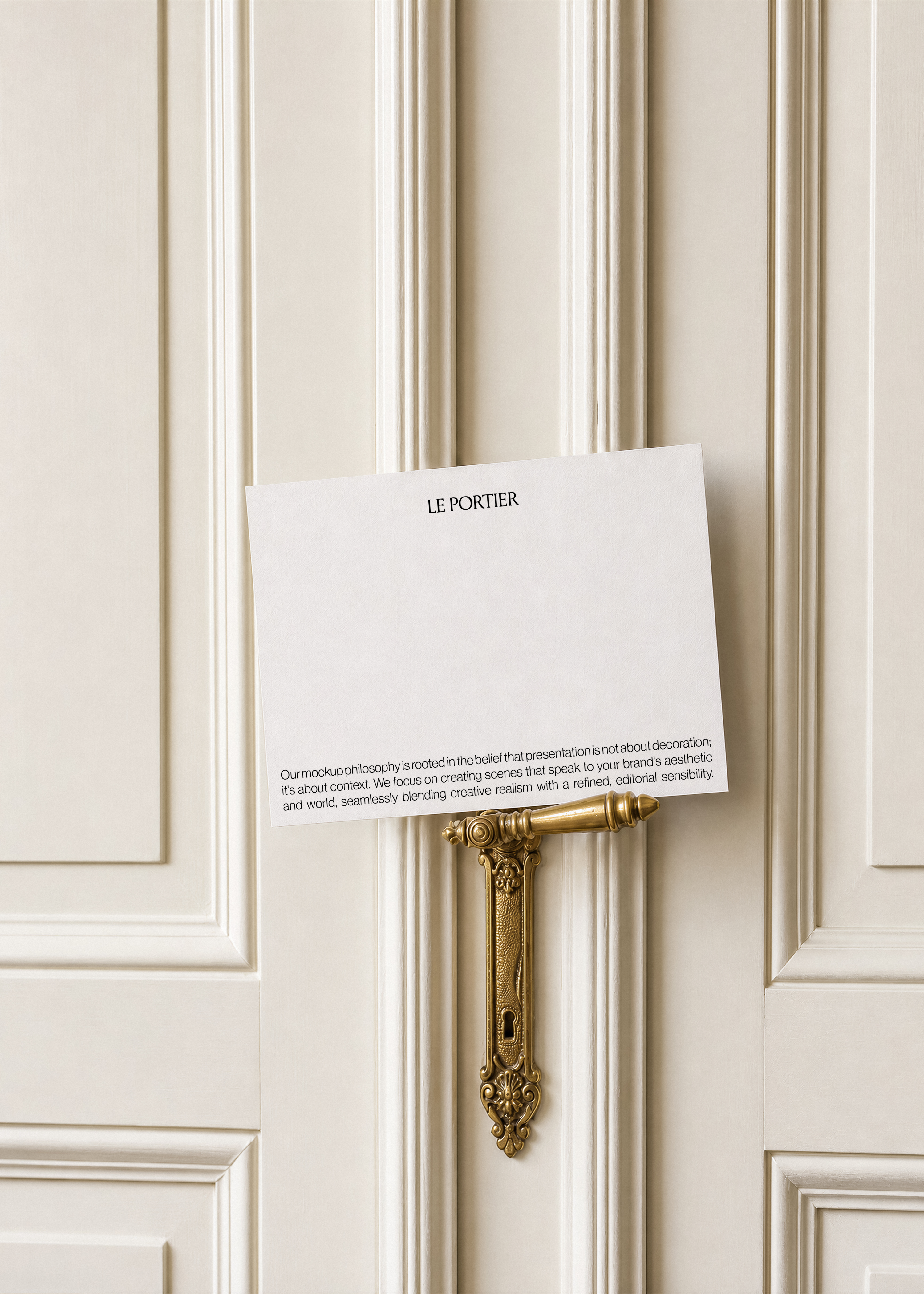 Card mockup resting on an ornate brass door handle set into a cream panelled hotel door