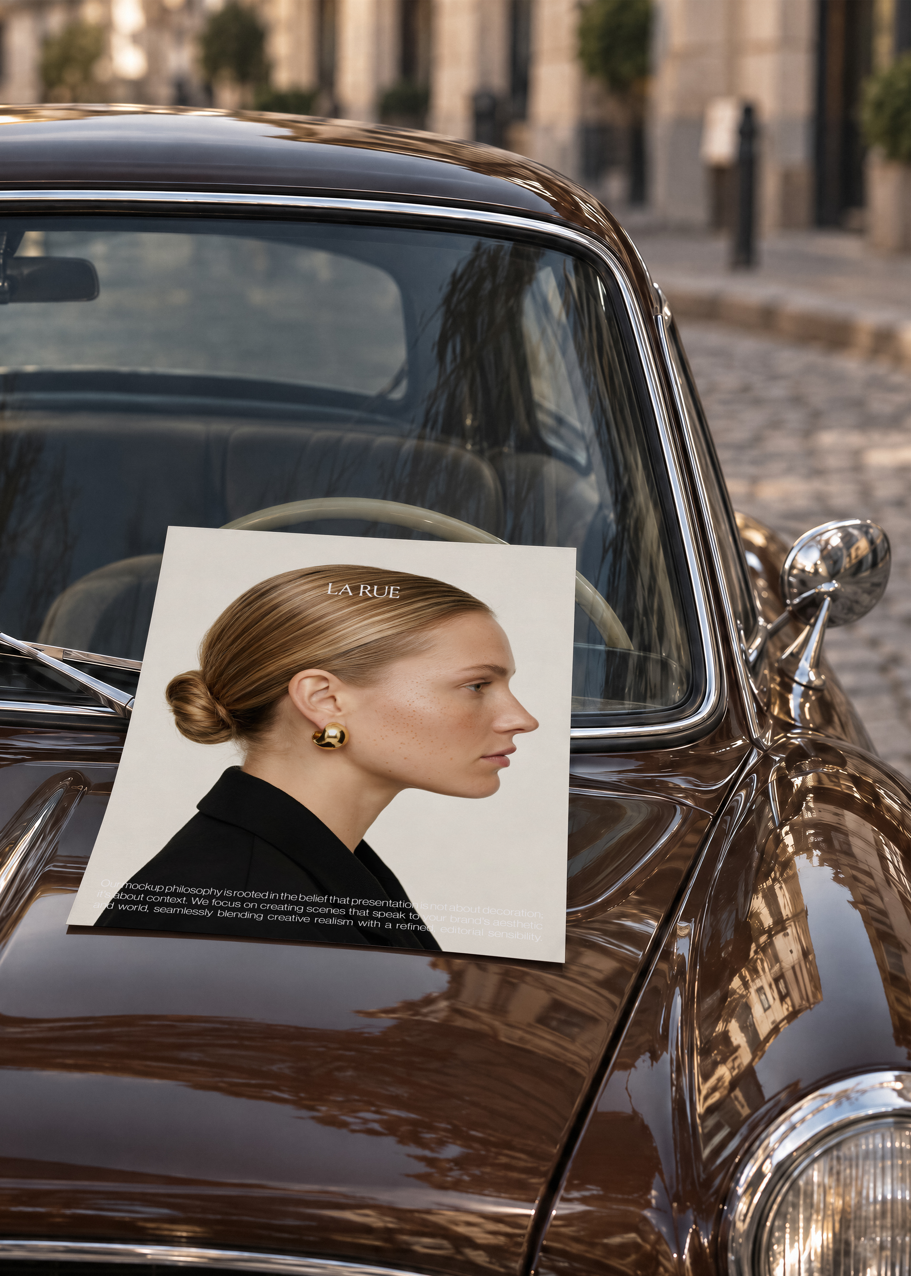 Card mockup with side profile portrait of woman with hair bun and gold earring on brown vintage car bonnet