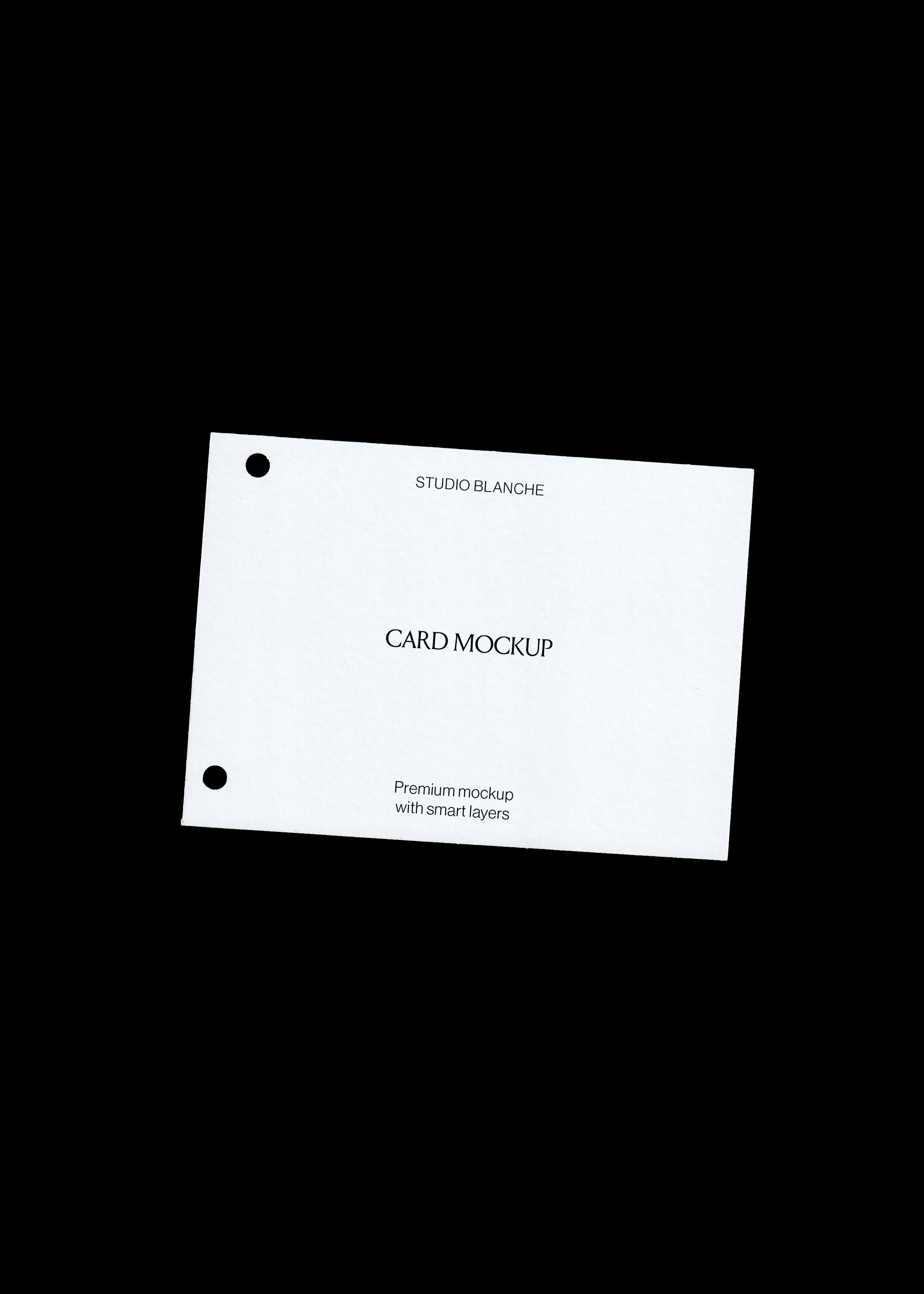 Scanned punched card mockup, blank white card with two punch holes, angled on a plain black background