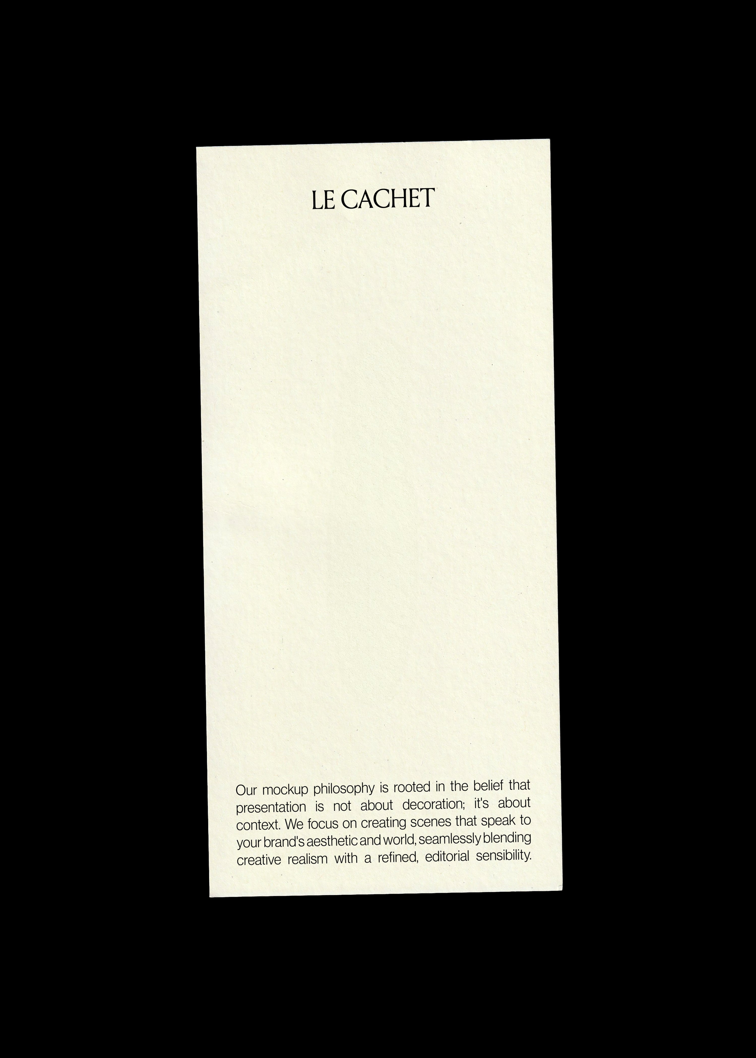 Card mockup centred on black, tall cream textured card with serif wordmark and small text block