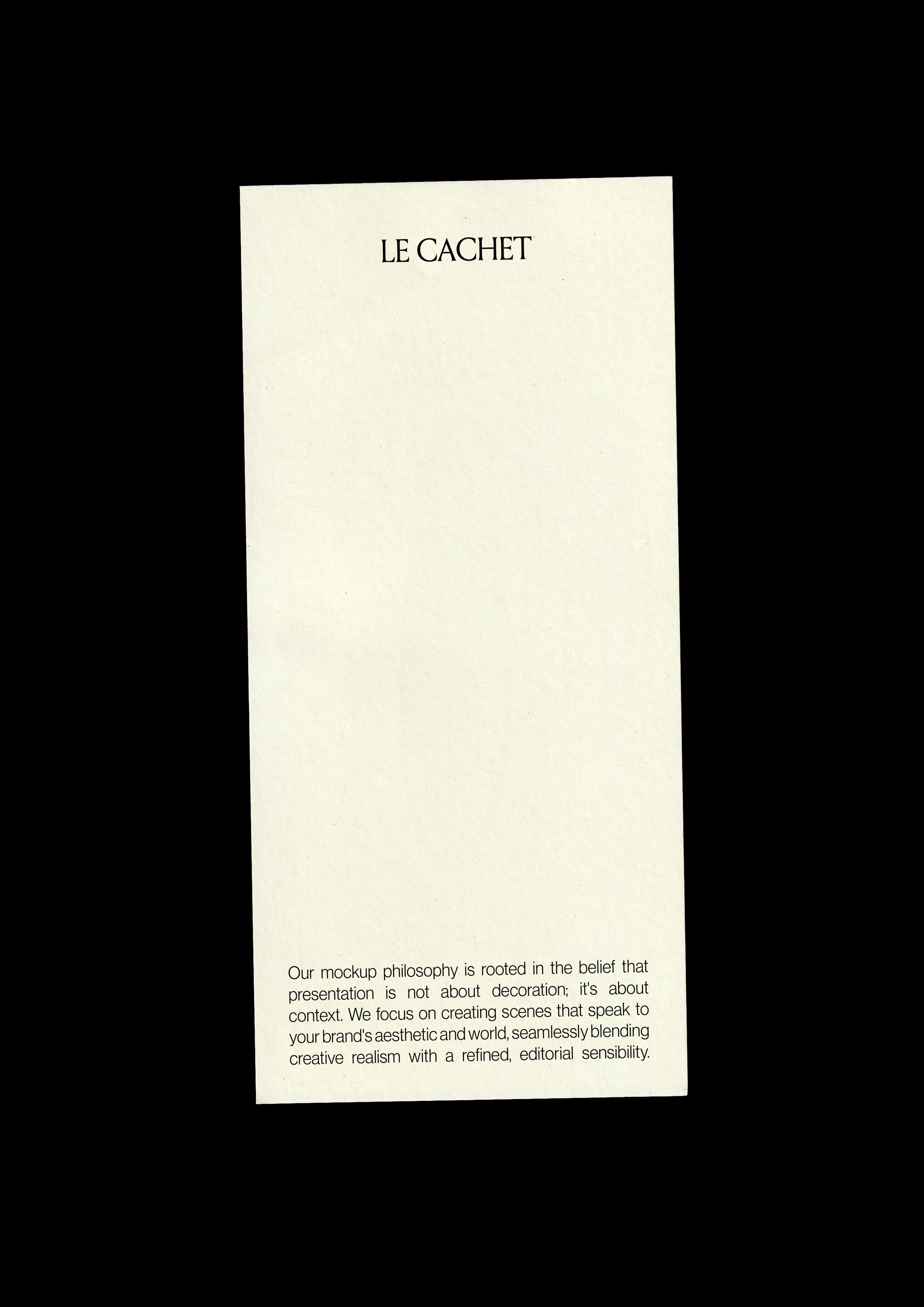 Card mockup centred on black, tall cream textured card with serif wordmark and small text block