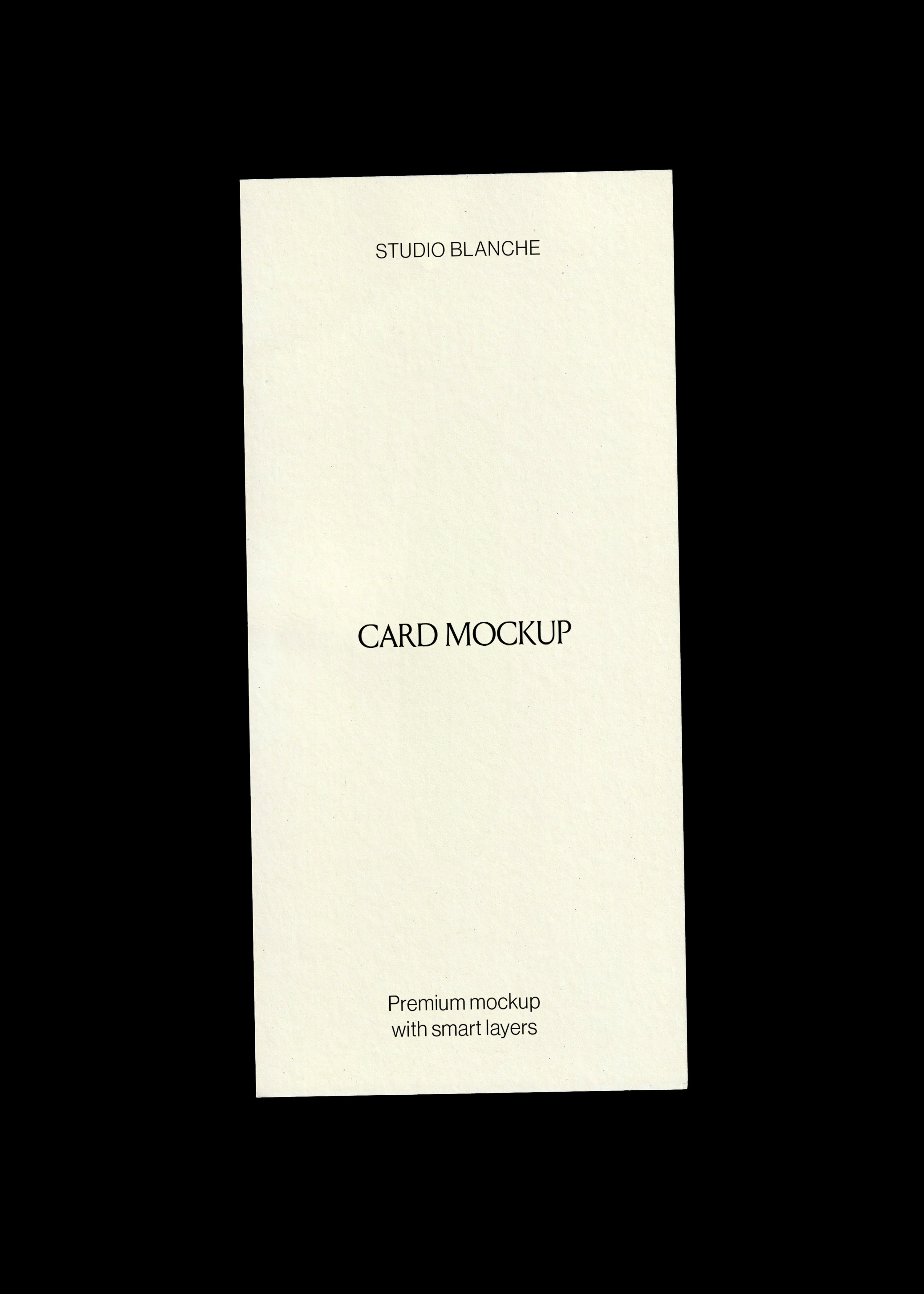 Scanned card mockup, blank tall cream card with visible paper grain, centred on a black background