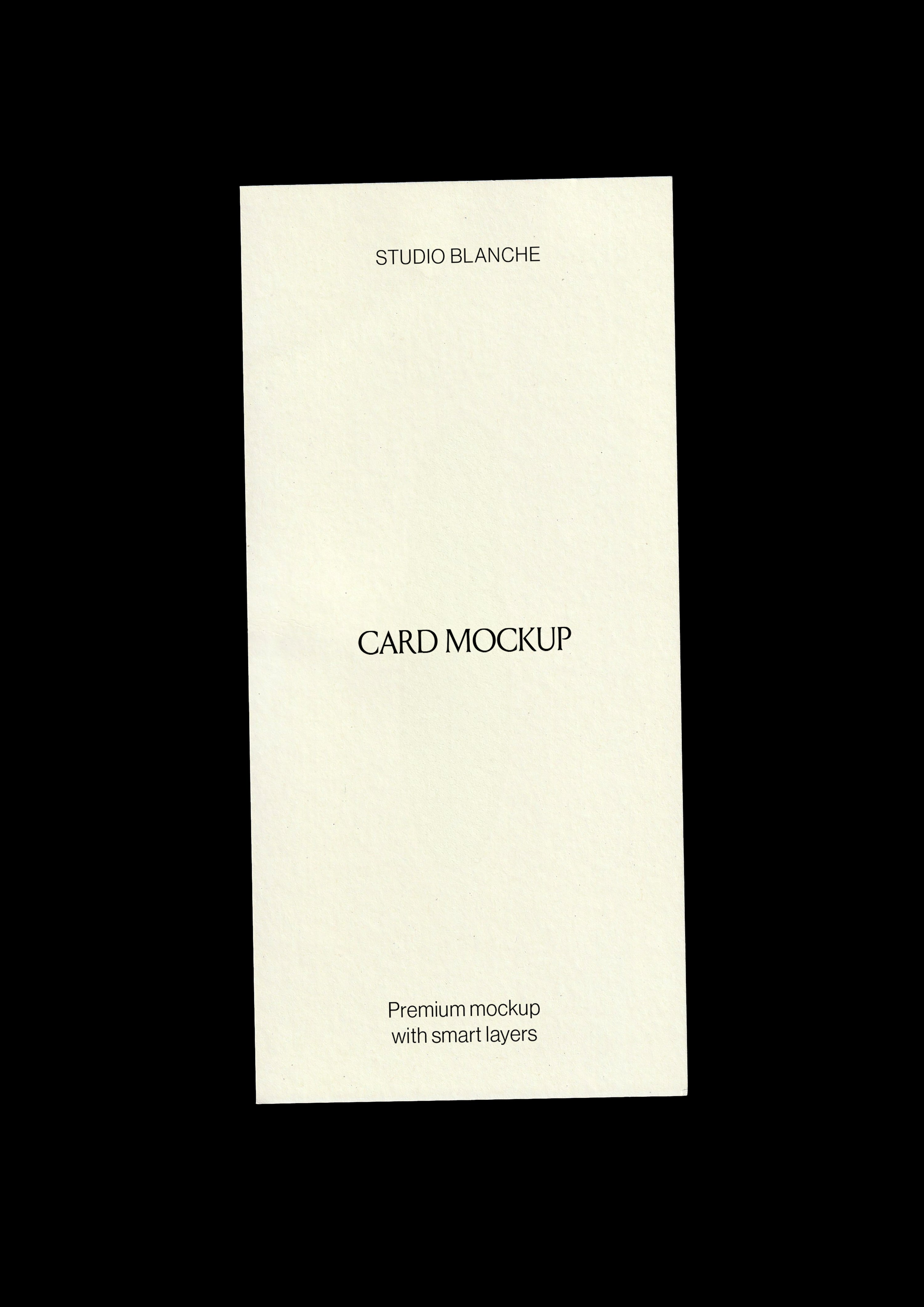 Scanned card mockup, blank tall cream card with visible paper grain, centred on a black background