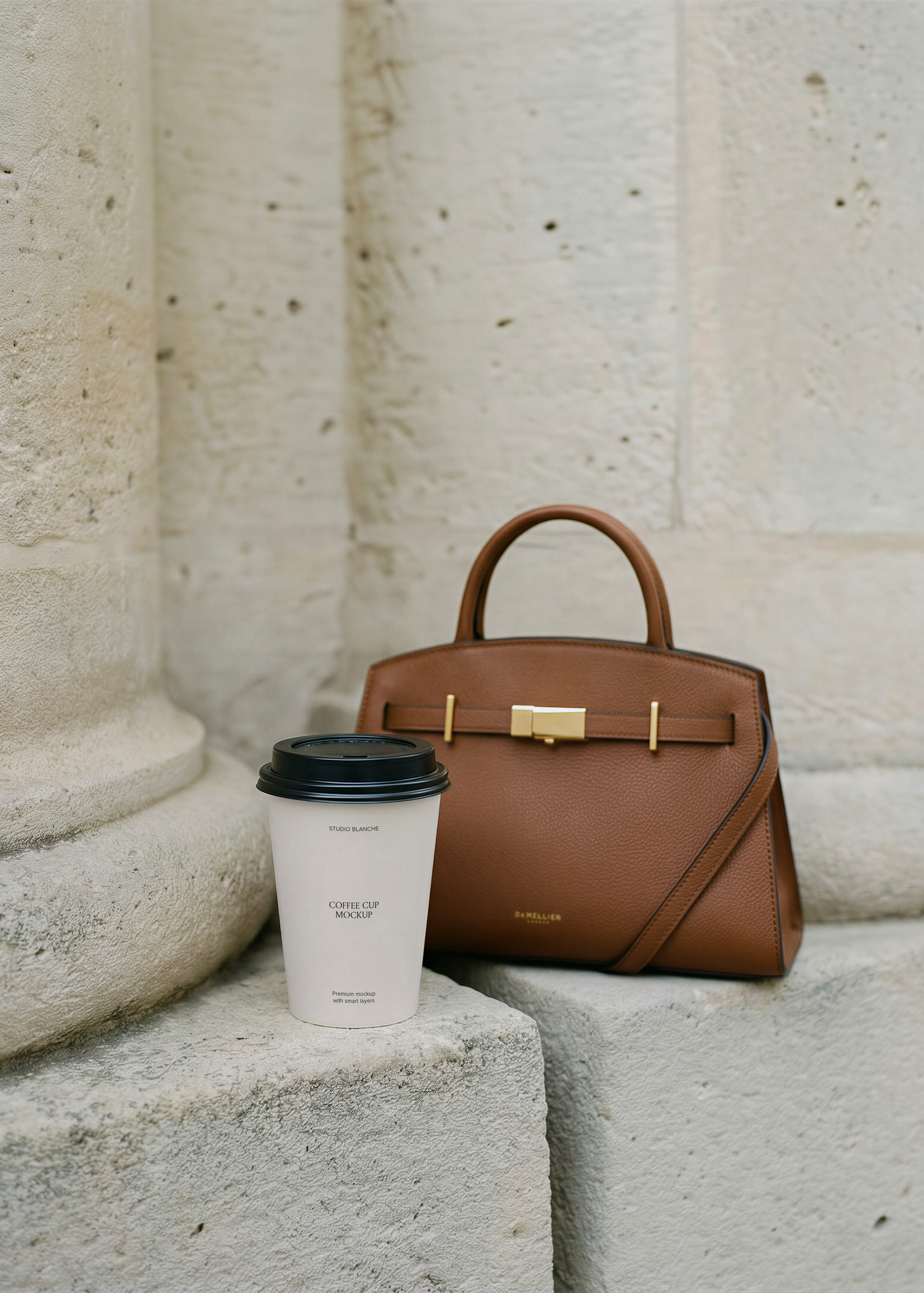 Blank white takeaway coffee cup with black lid on stone steps beside a tan leather handbag against limestone columns, from Studio Blanche
