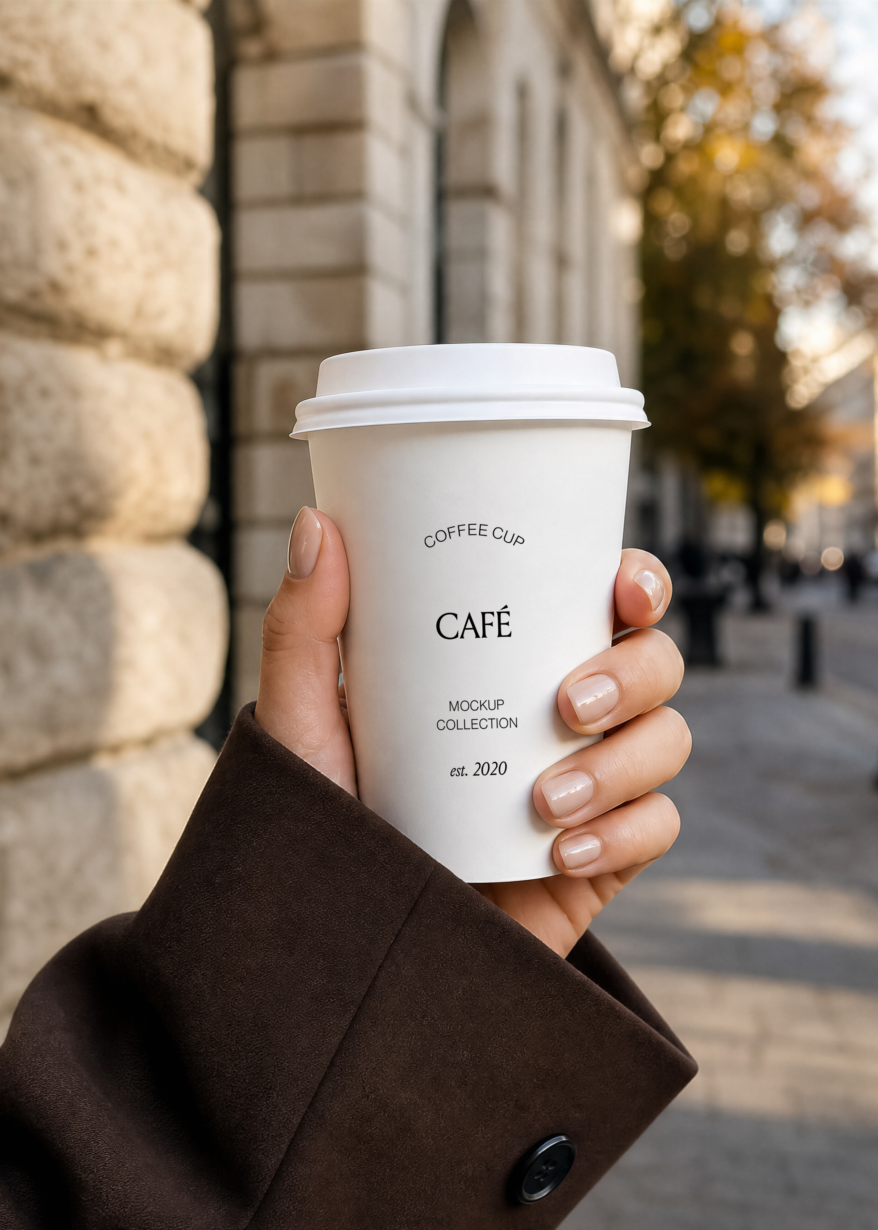 Hand holding a white takeaway coffee cup mockup on a sunlit street, blurred stone building and café seating behind