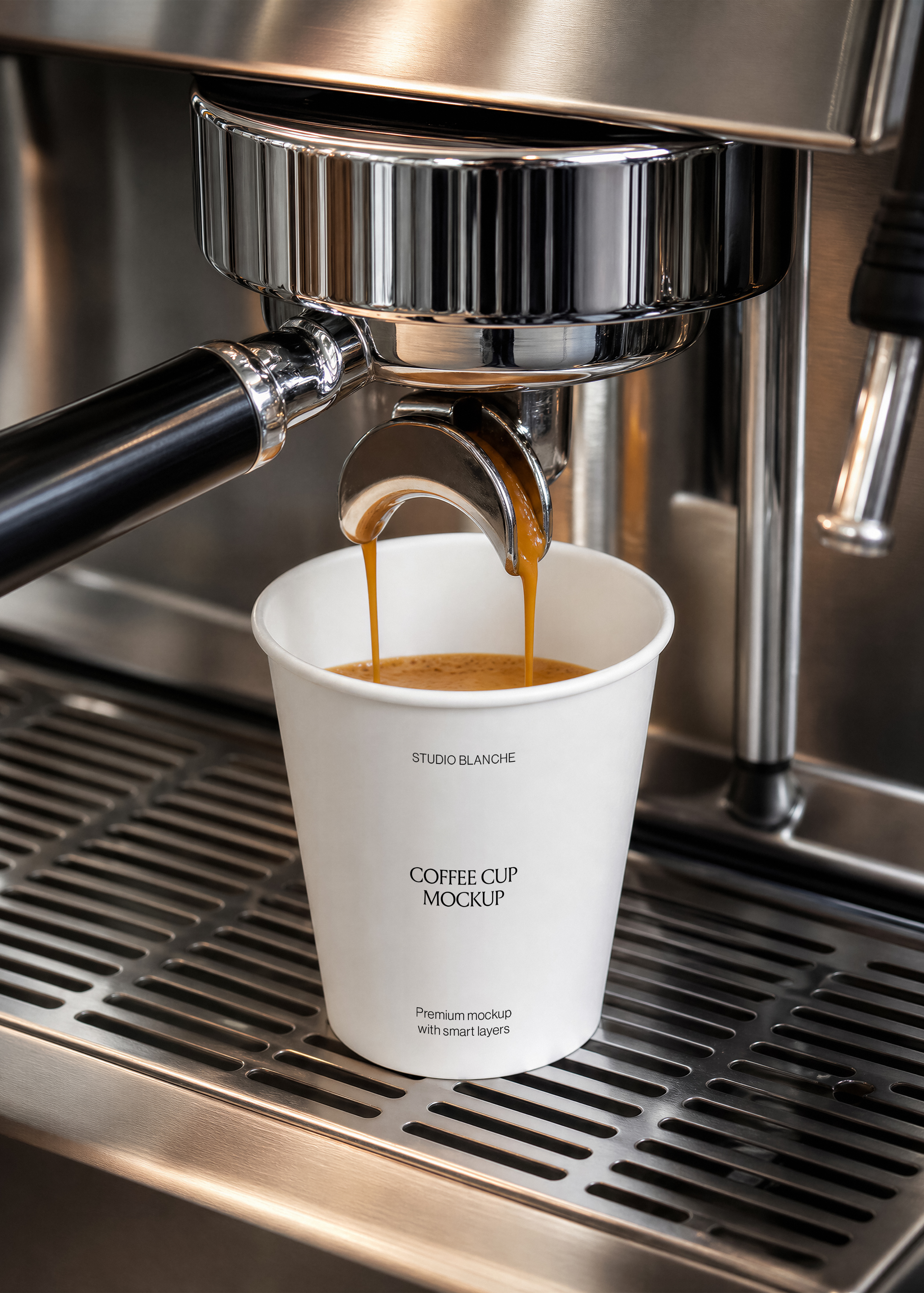 Close-up coffee cup mockup label filling with espresso beneath chrome machine spout, steel drip tray below