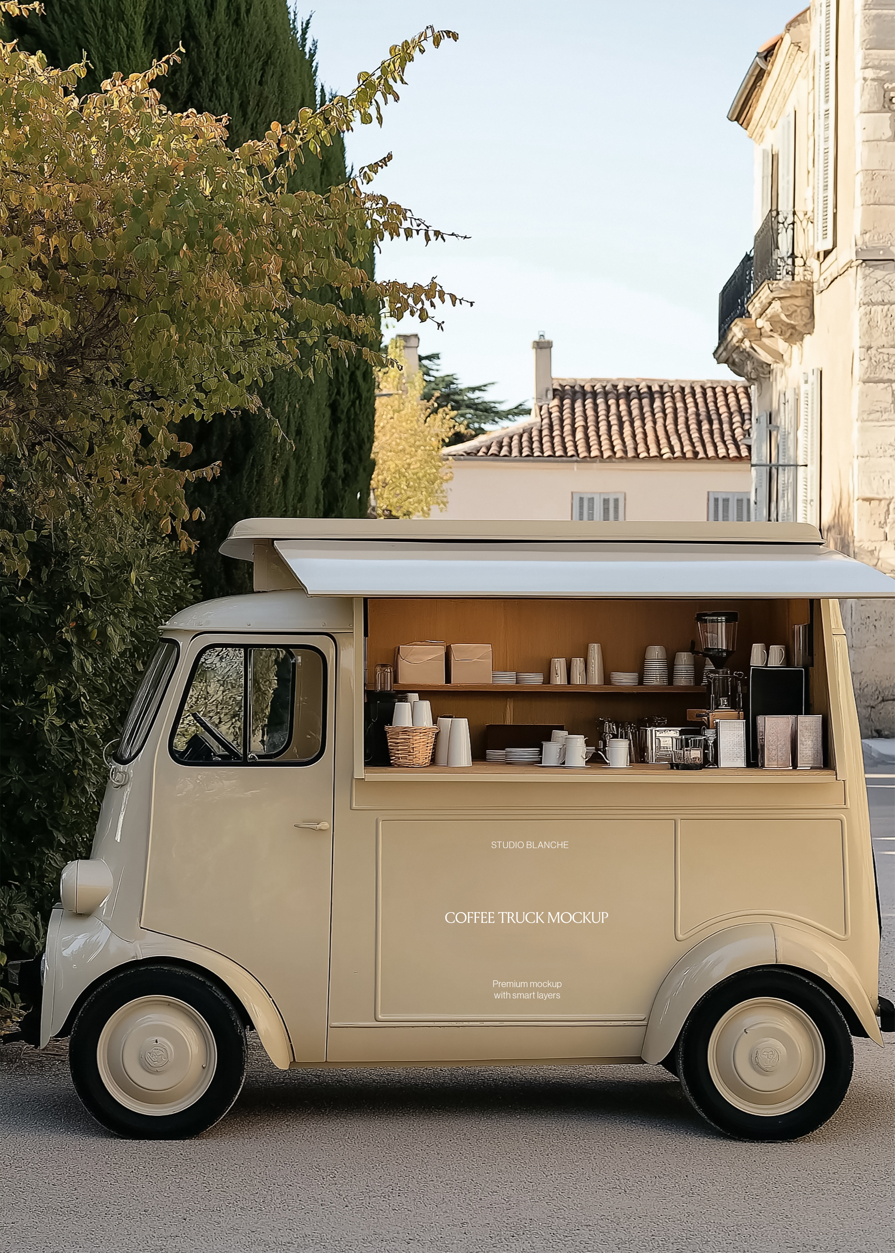 Coffee truck mockup side view, cream van panel with white café lettering, timber counter, cups and coffee grinder