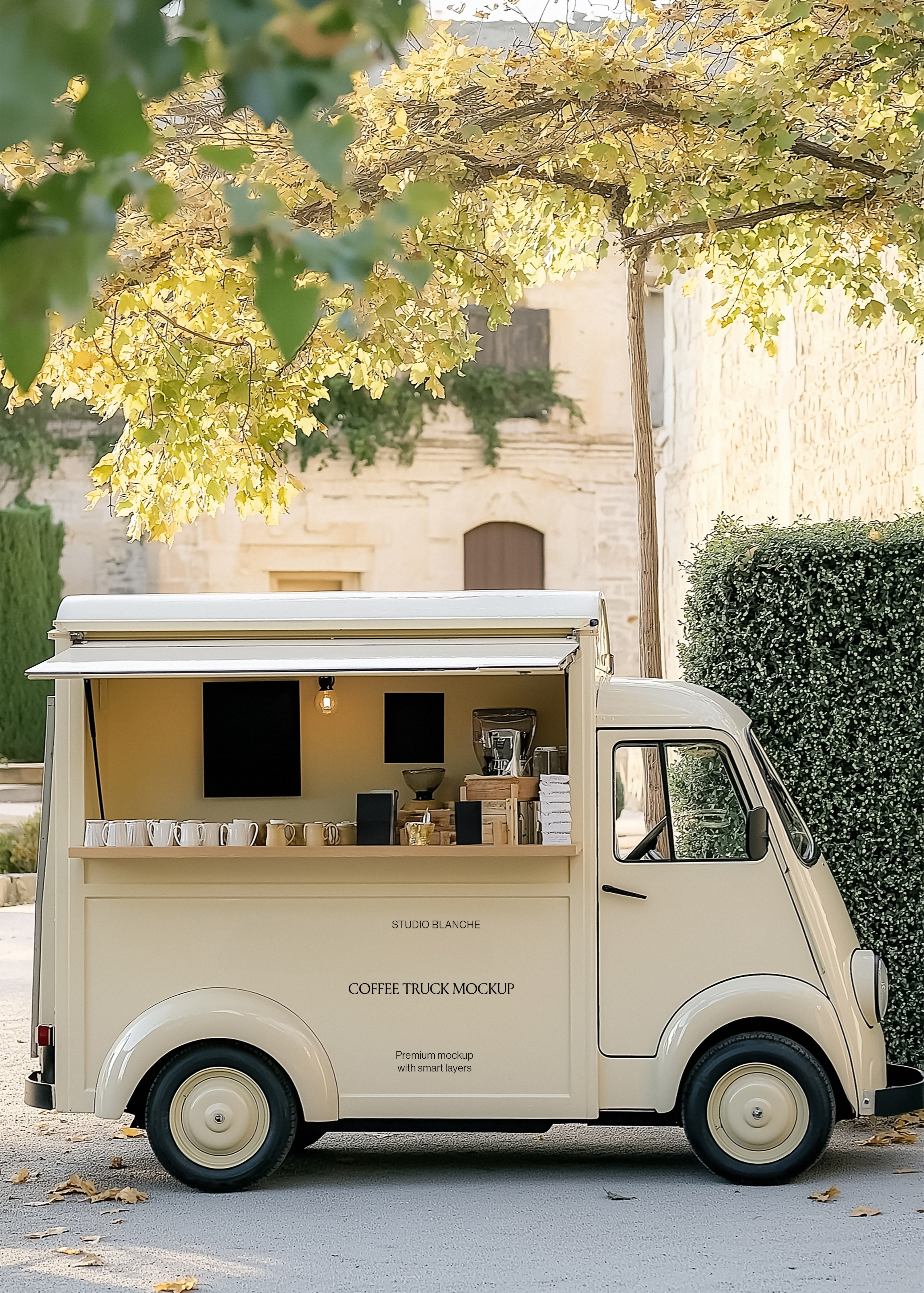 Coffee truck mockup with open hatch, timber counter lined with white mugs, cream van panel with café lettering