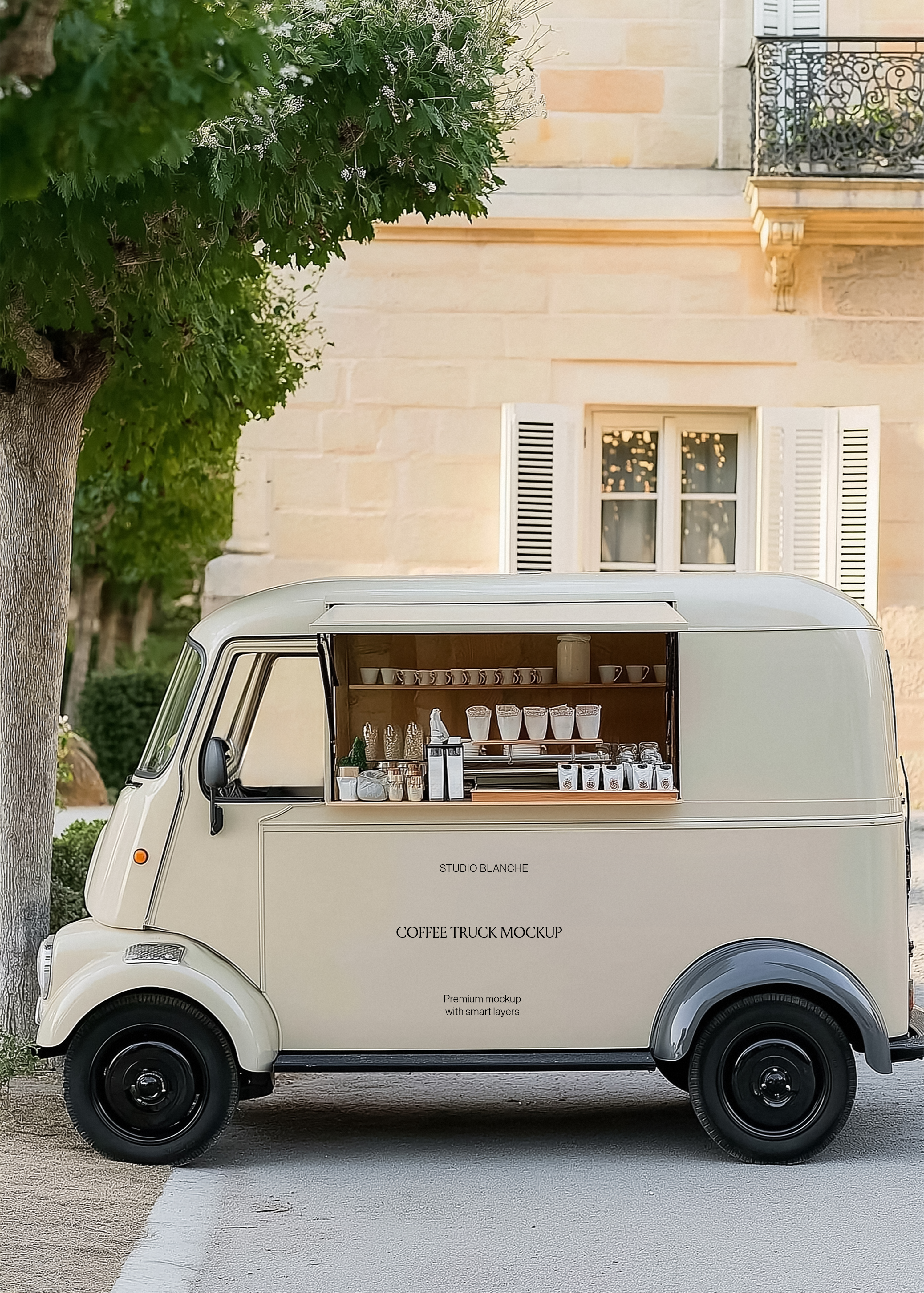 Coffee truck mockup detail, open hatch with timber shelves, white mugs and takeaway cups, café lettering on cream panel