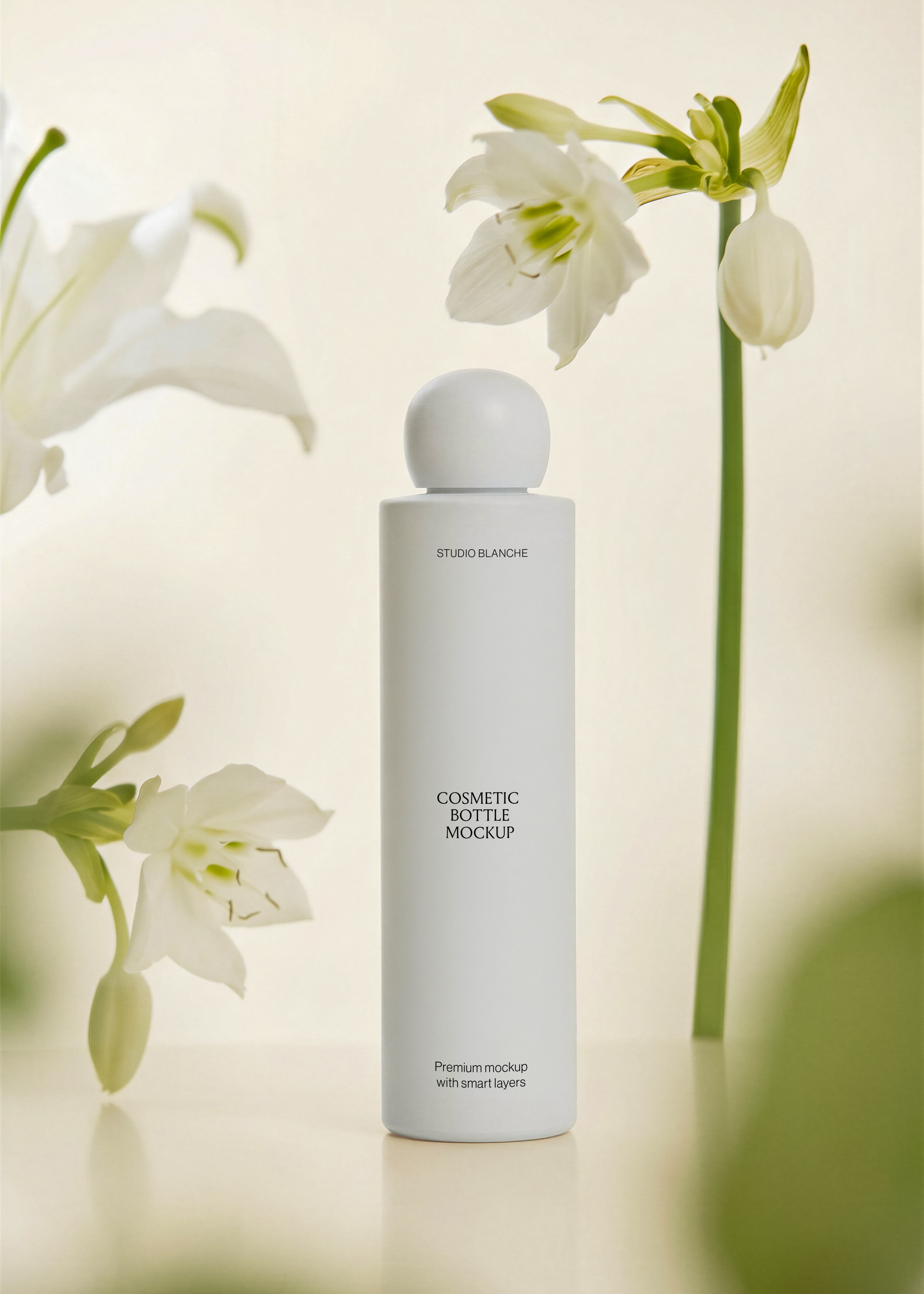 Tall grey-white cosmetic bottle mockup with label area, amaryllis flowers and bud stem, pale green background