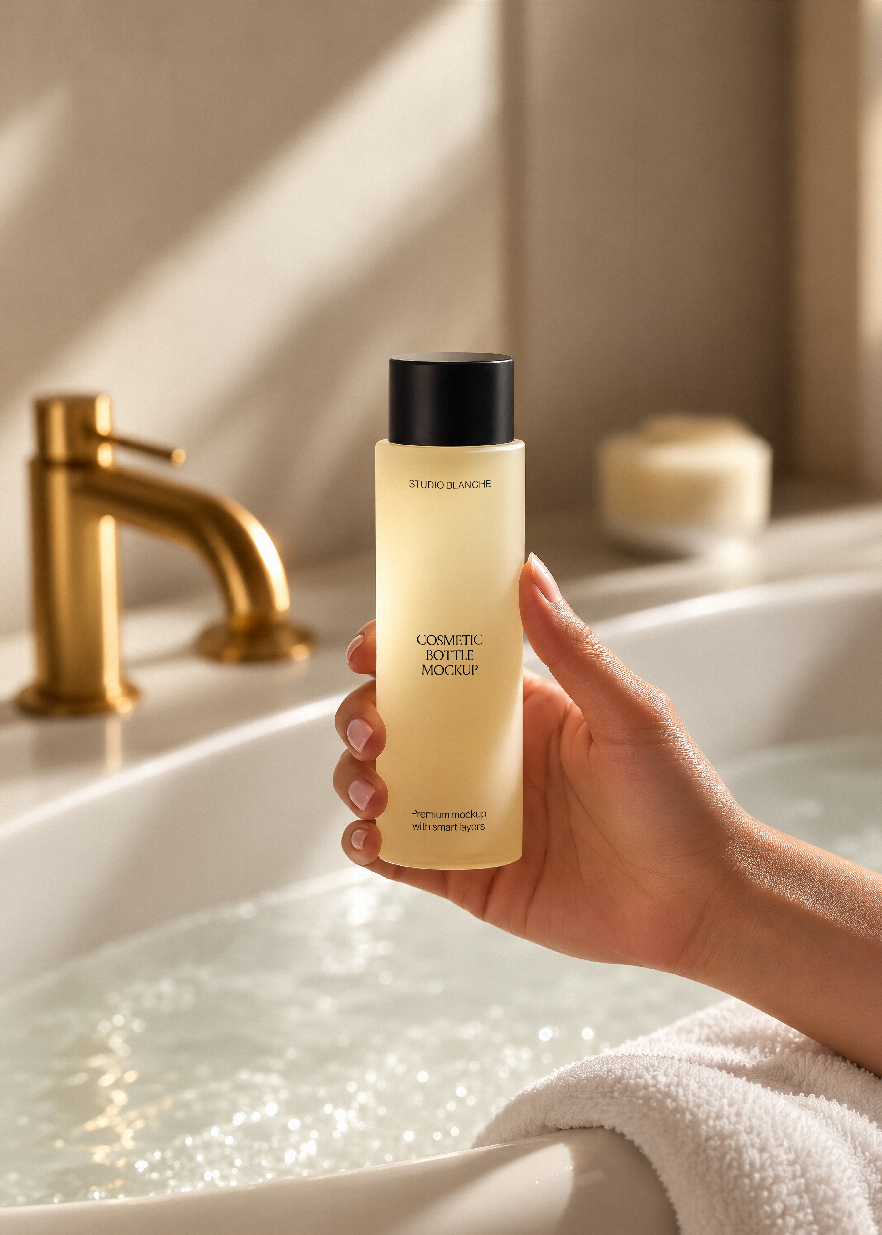 Cosmetic bottle mockup held beside gold tap and folded towel, soft daylight on frosted glass and black lid, warm scene