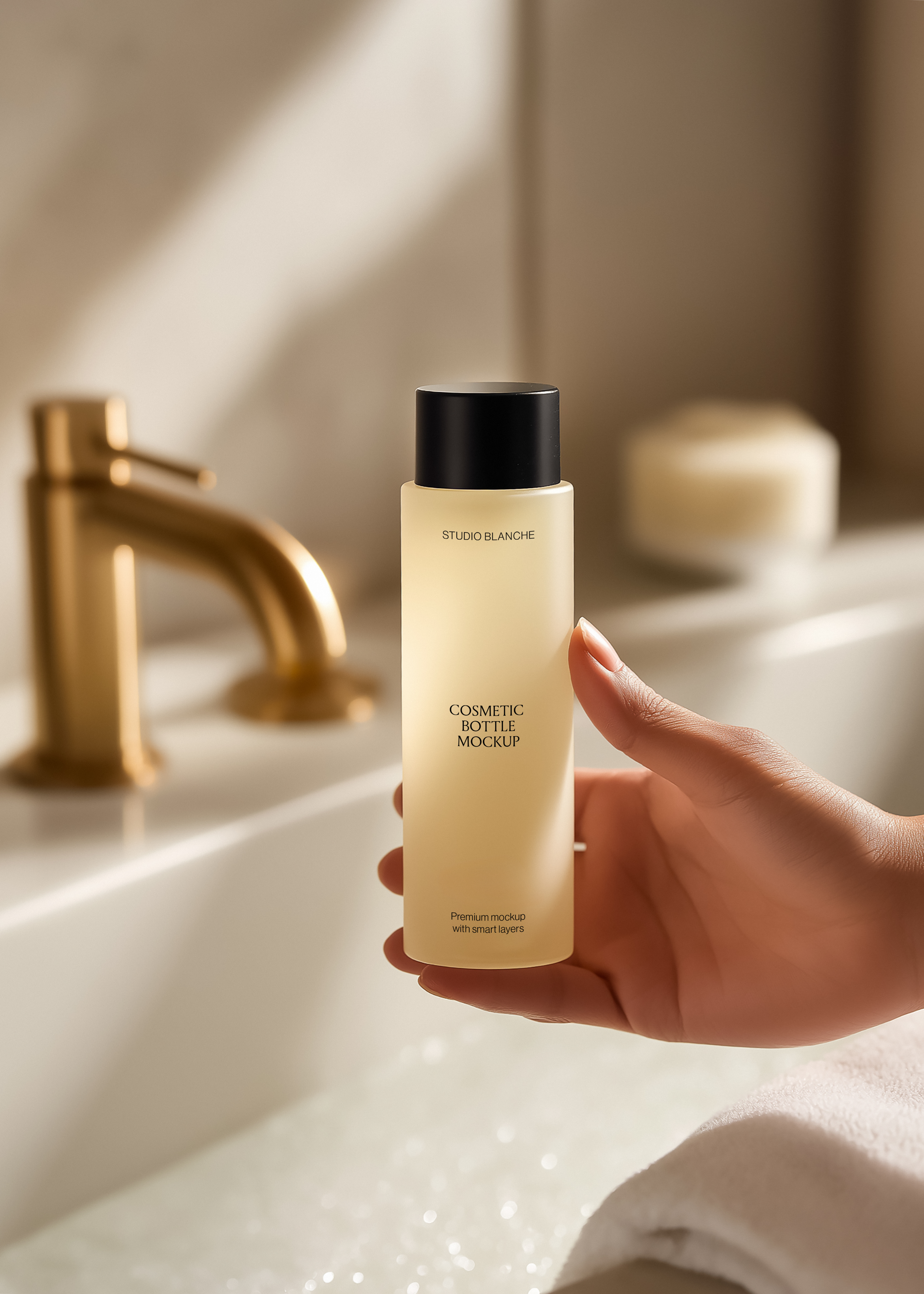 Cosmetic bottle mockup held beside gold tap and folded towel, soft daylight on frosted glass and black lid, warm scene