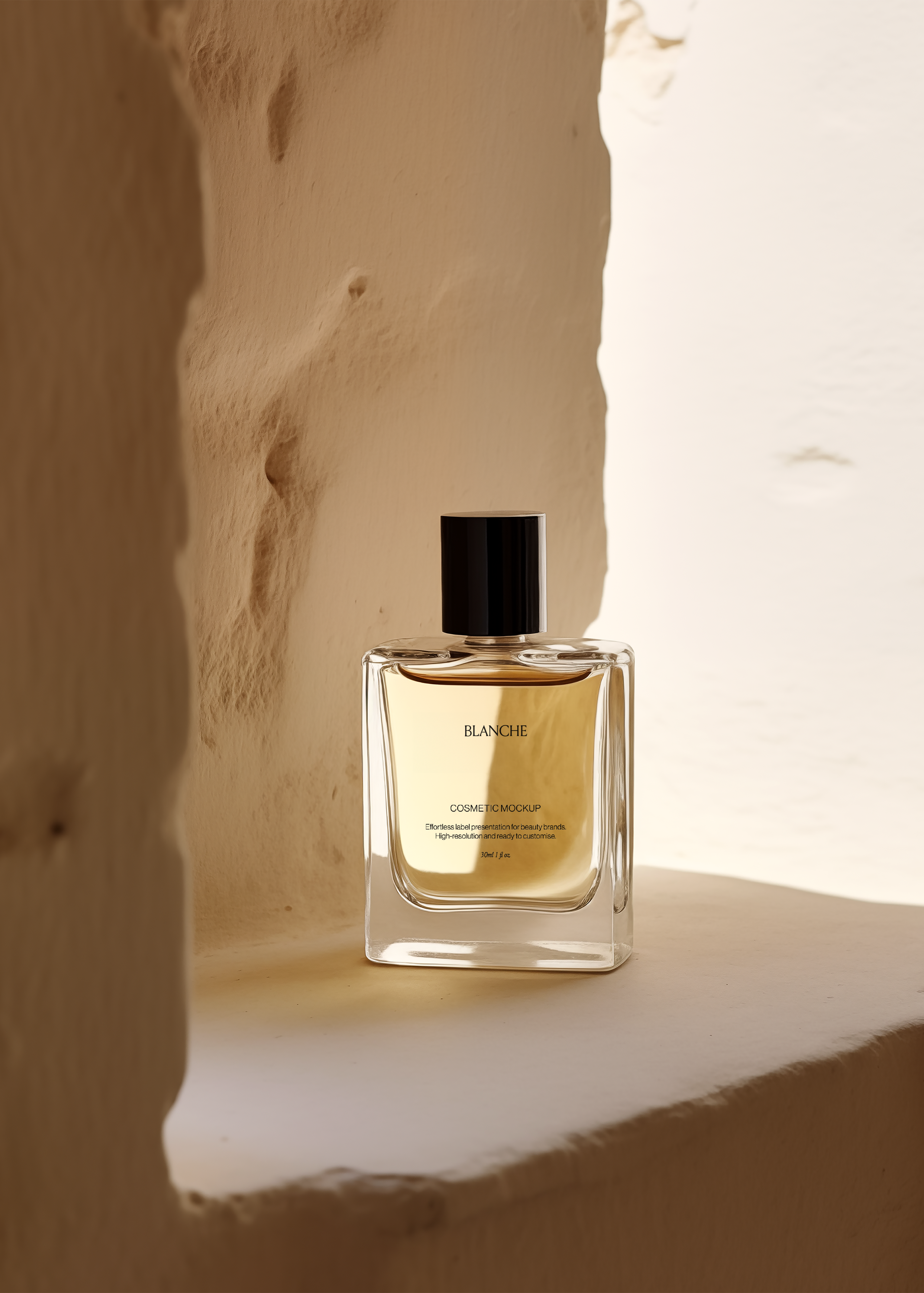 Square clear glass cosmetic bottle mockup with amber liquid and black cap on a whitewashed ledge in warm sun