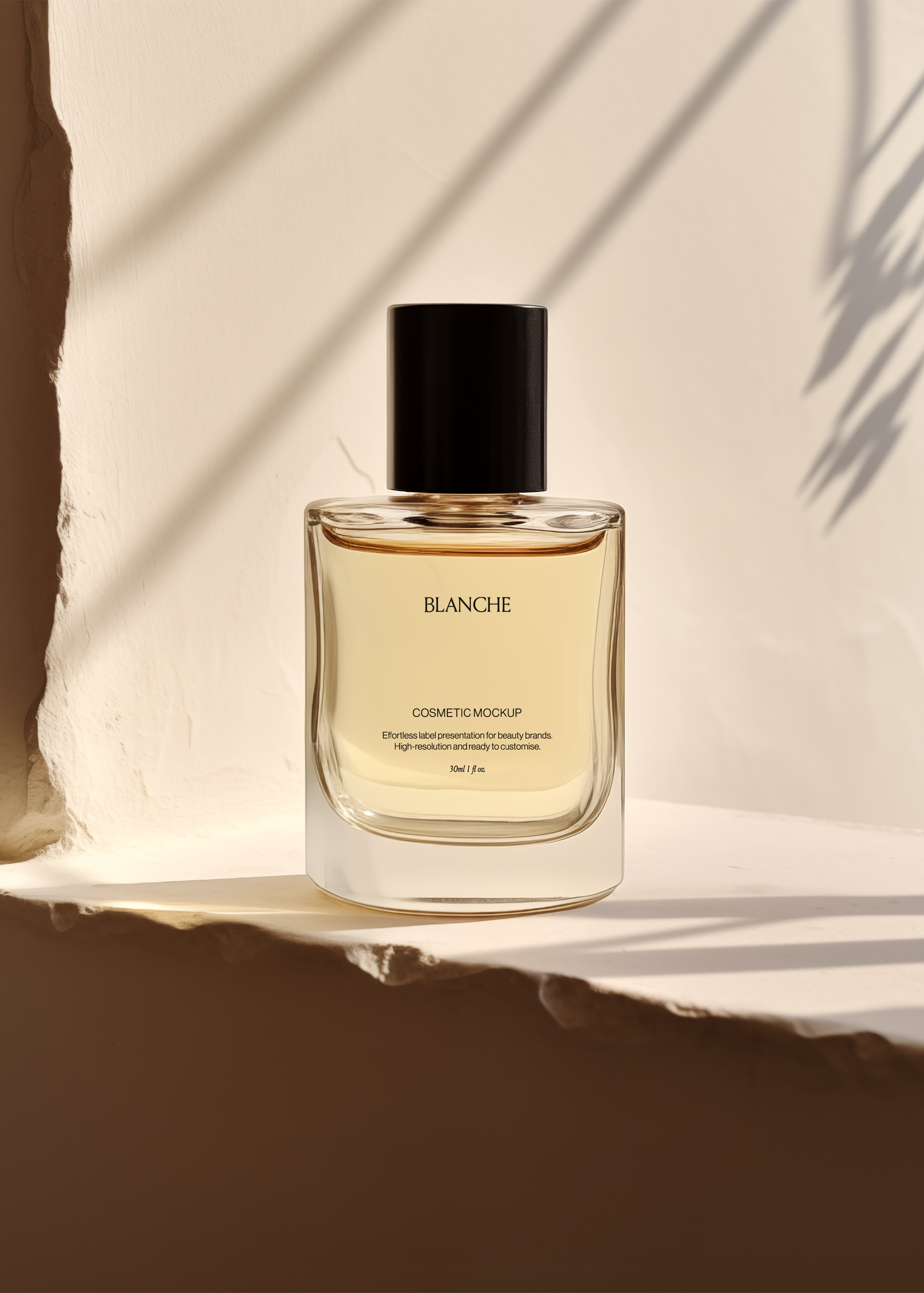 Square clear glass cosmetic bottle mockup with pale liquid and black cap on a whitewashed ledge, palm shadow