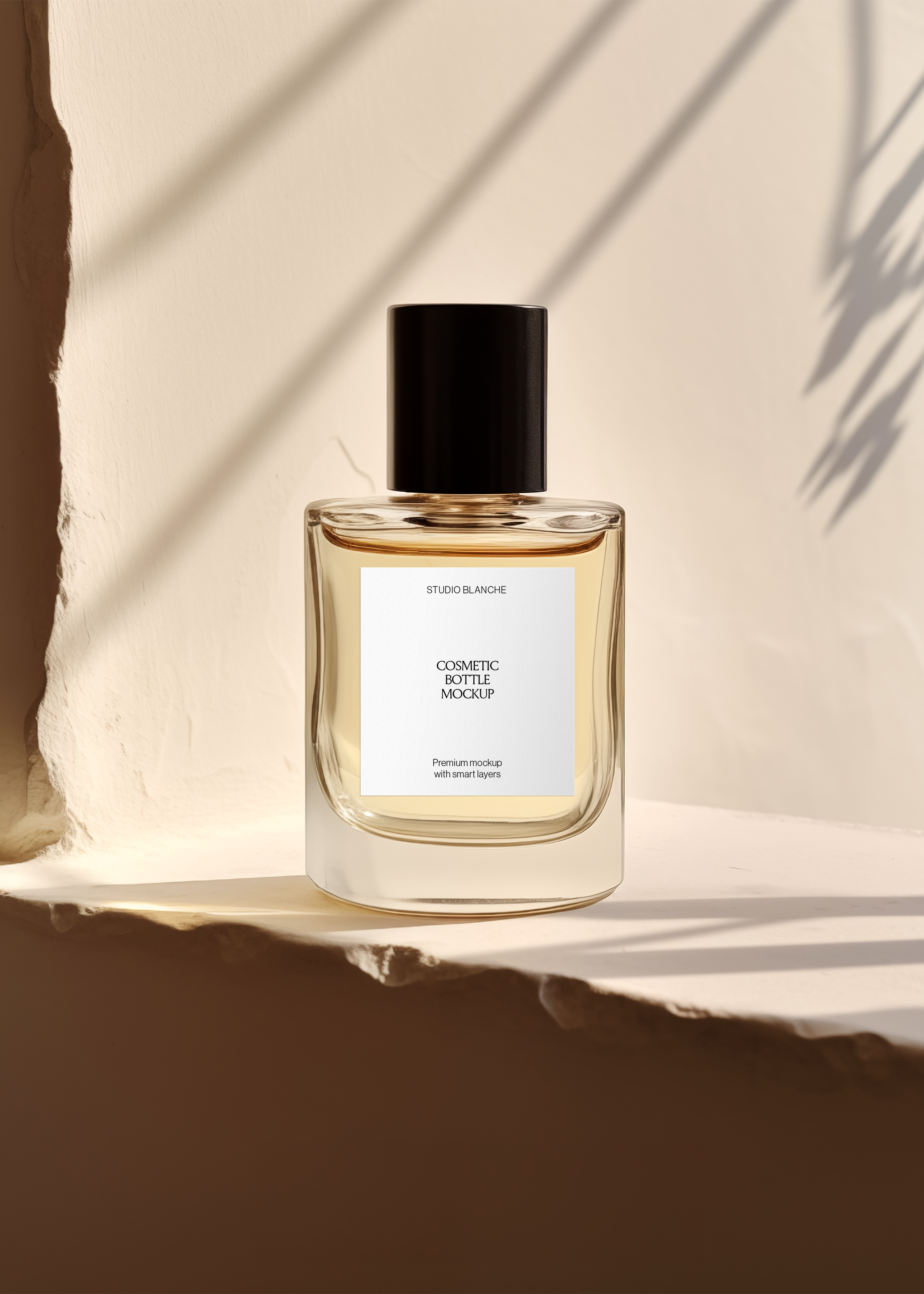 Cosmetic bottle mockup with white label and black cap on sunlit plaster, palm-frond shadow, warm coastal scene