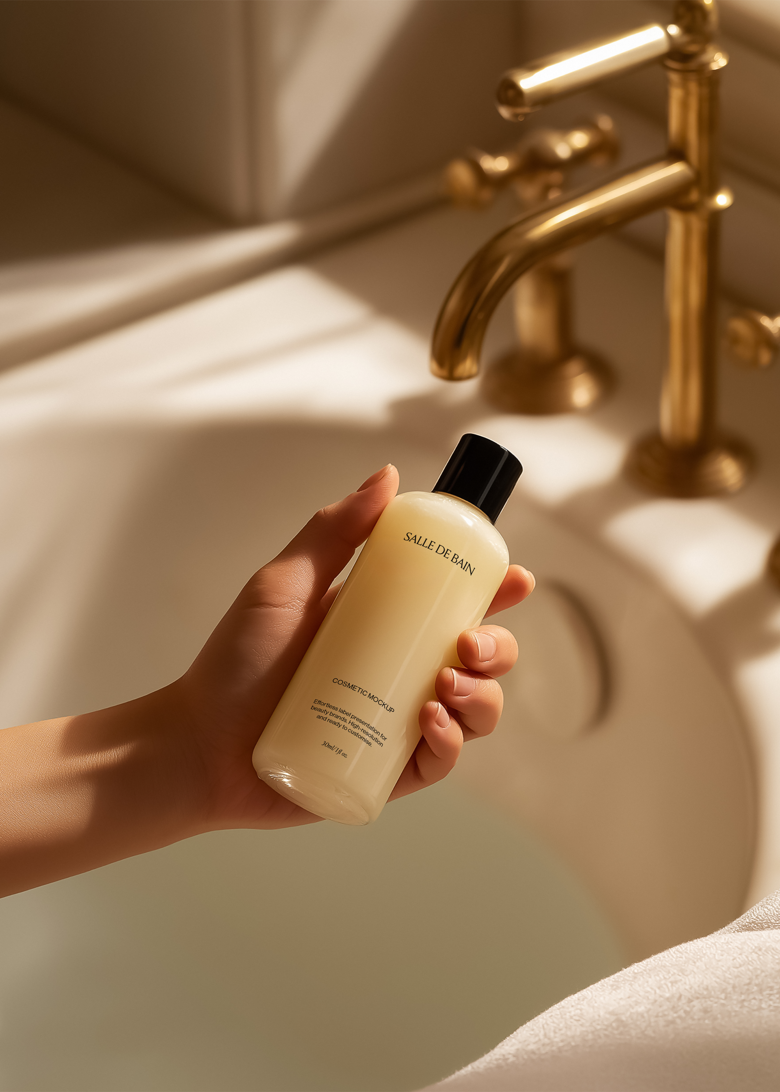 Hand holding cream cosmetic bottle mockup with black cap in warm golden bathroom, brass bridge tap and basin behind