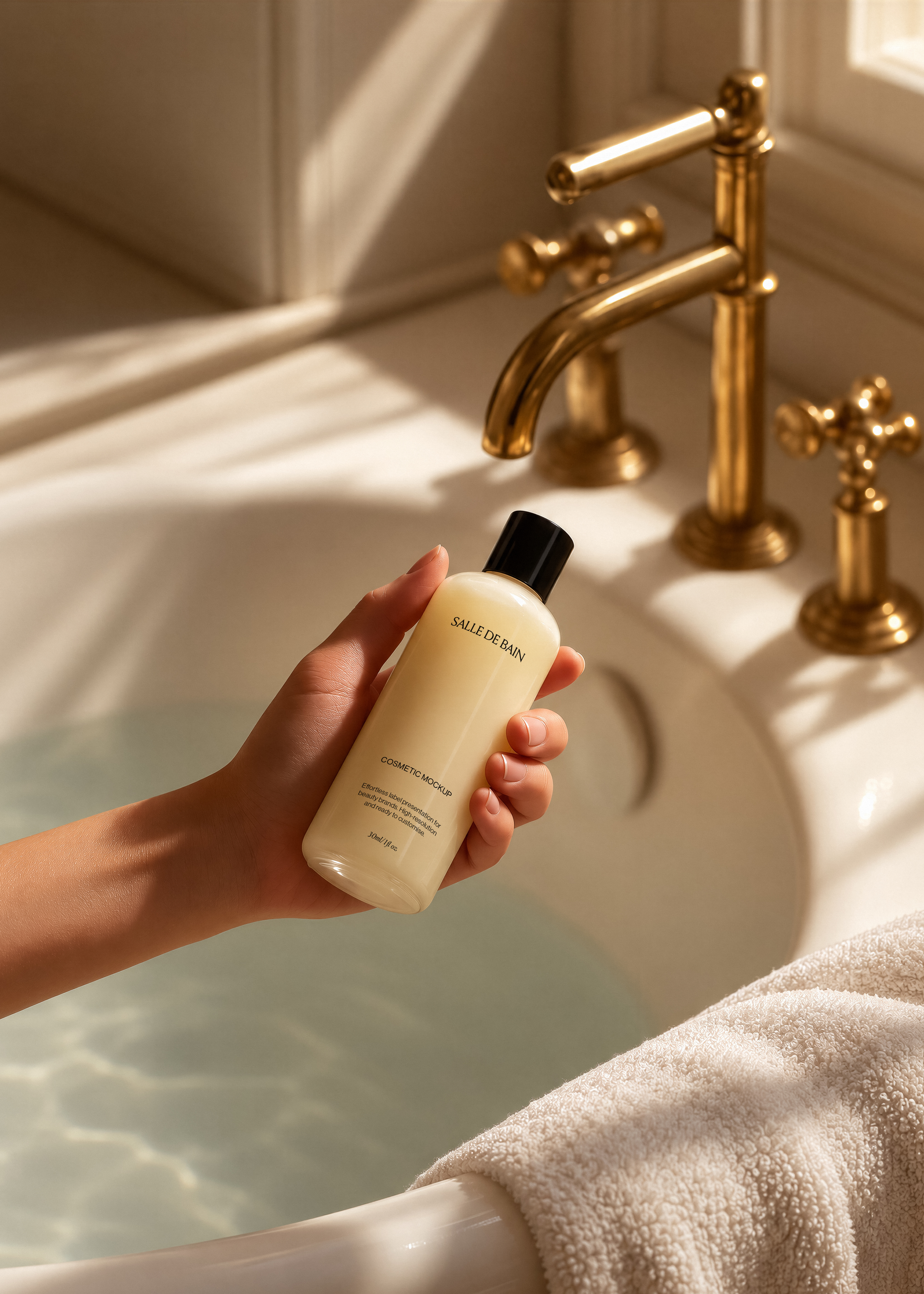 Hand holding cream cosmetic bottle mockup with black cap in warm golden bathroom, brass bridge tap and basin behind