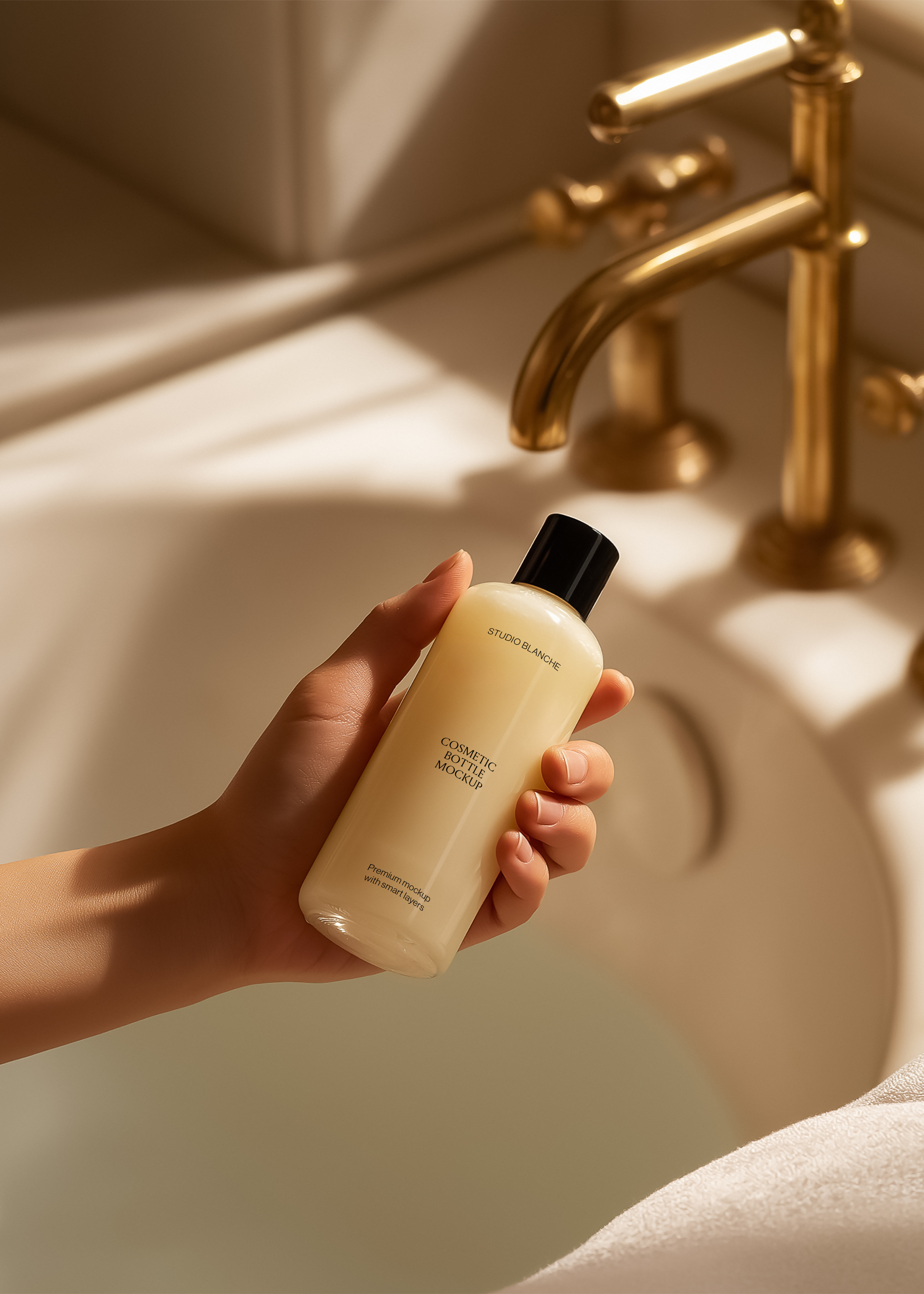 Cosmetic lotion bottle mockup held upright beside brass tap and white towel, warm sunlight and soft shadow, spa scene
