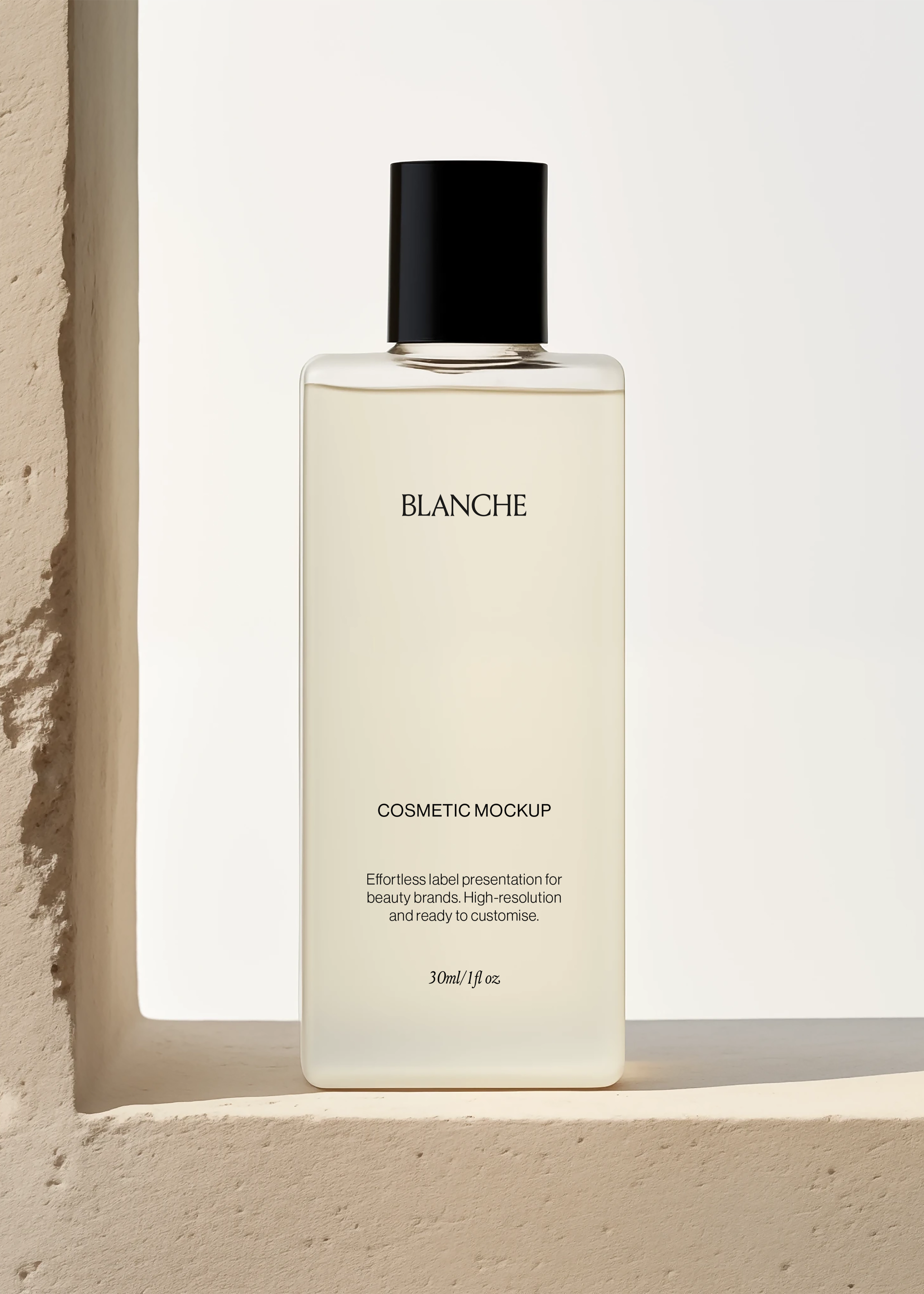 Tall frosted glass cosmetic bottle mockup with glossy black cap on a whitewashed ledge in bright warm sun