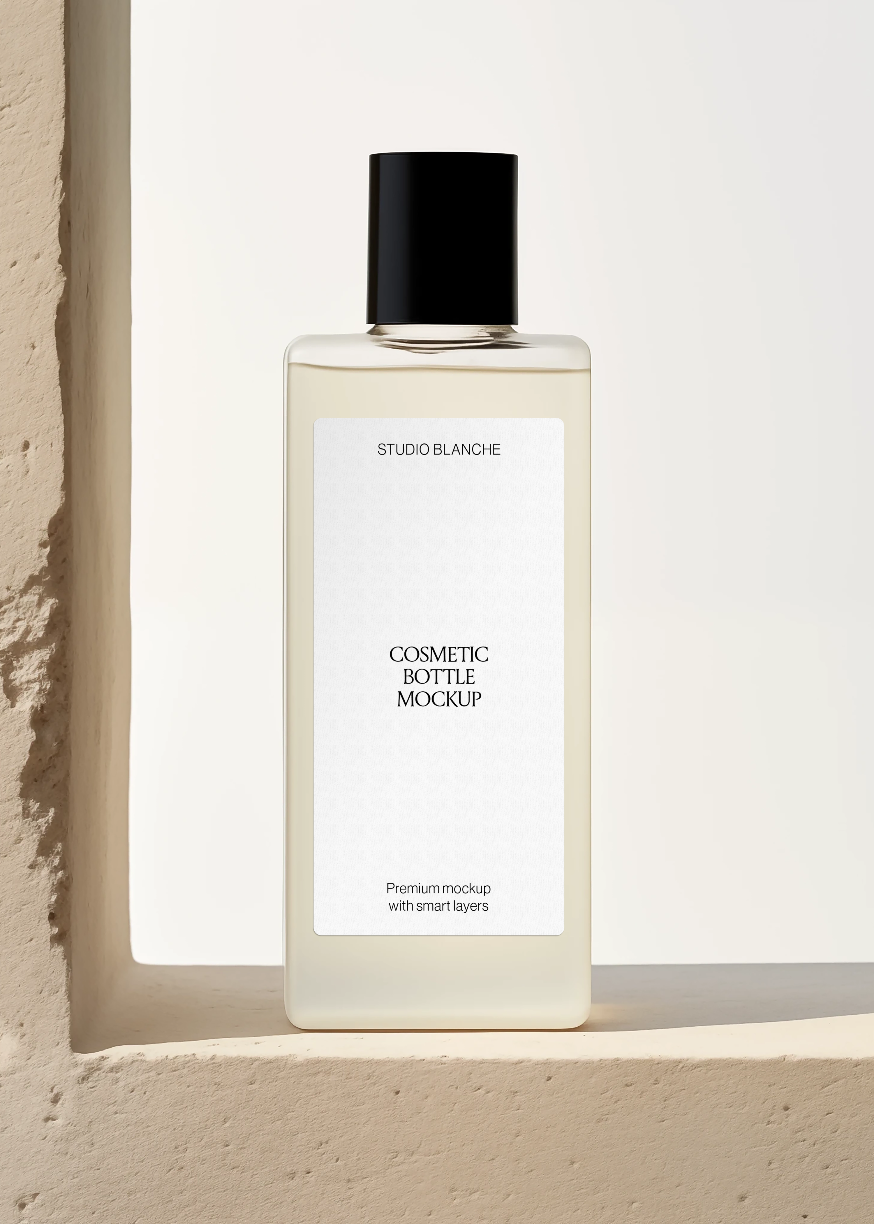 Frosted cosmetic bottle mockup with white label and black cap on sunlit plaster ledge, warm minimal niche