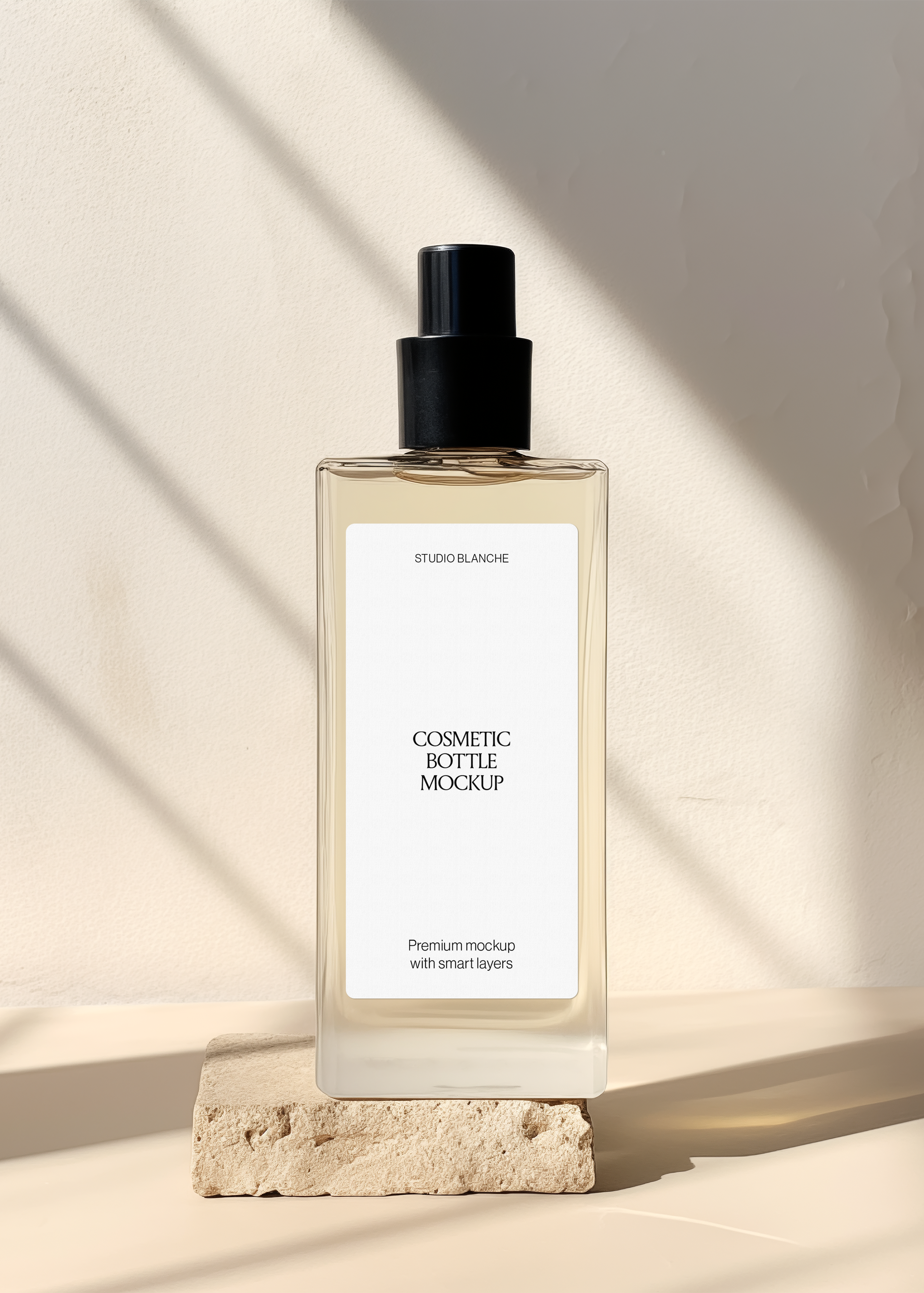 Cosmetic spray bottle mockup with white label and black pump on travertine, warm plaster wall, sunlit streaks