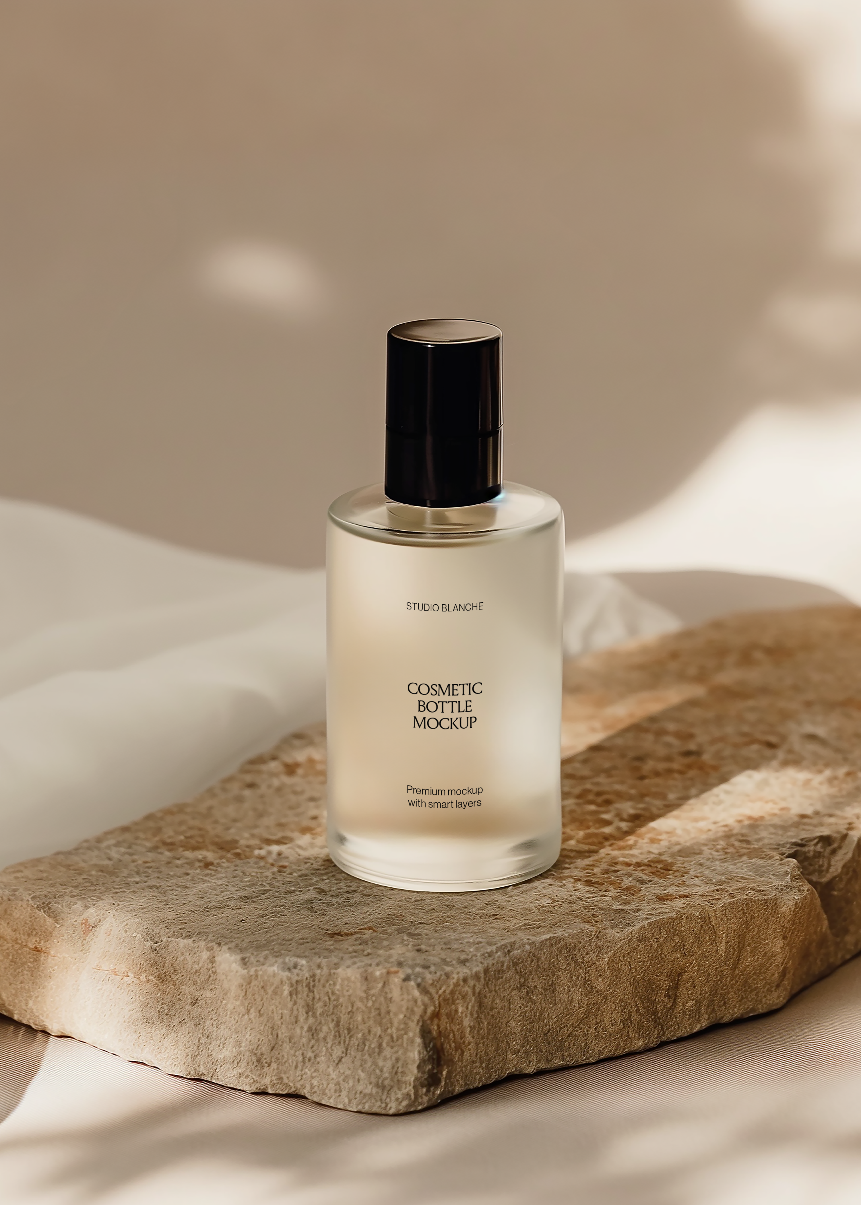 Amber cosmetic bottle mockup with serif label and black cap on textured stone, warm shadows, soft beige backdrop