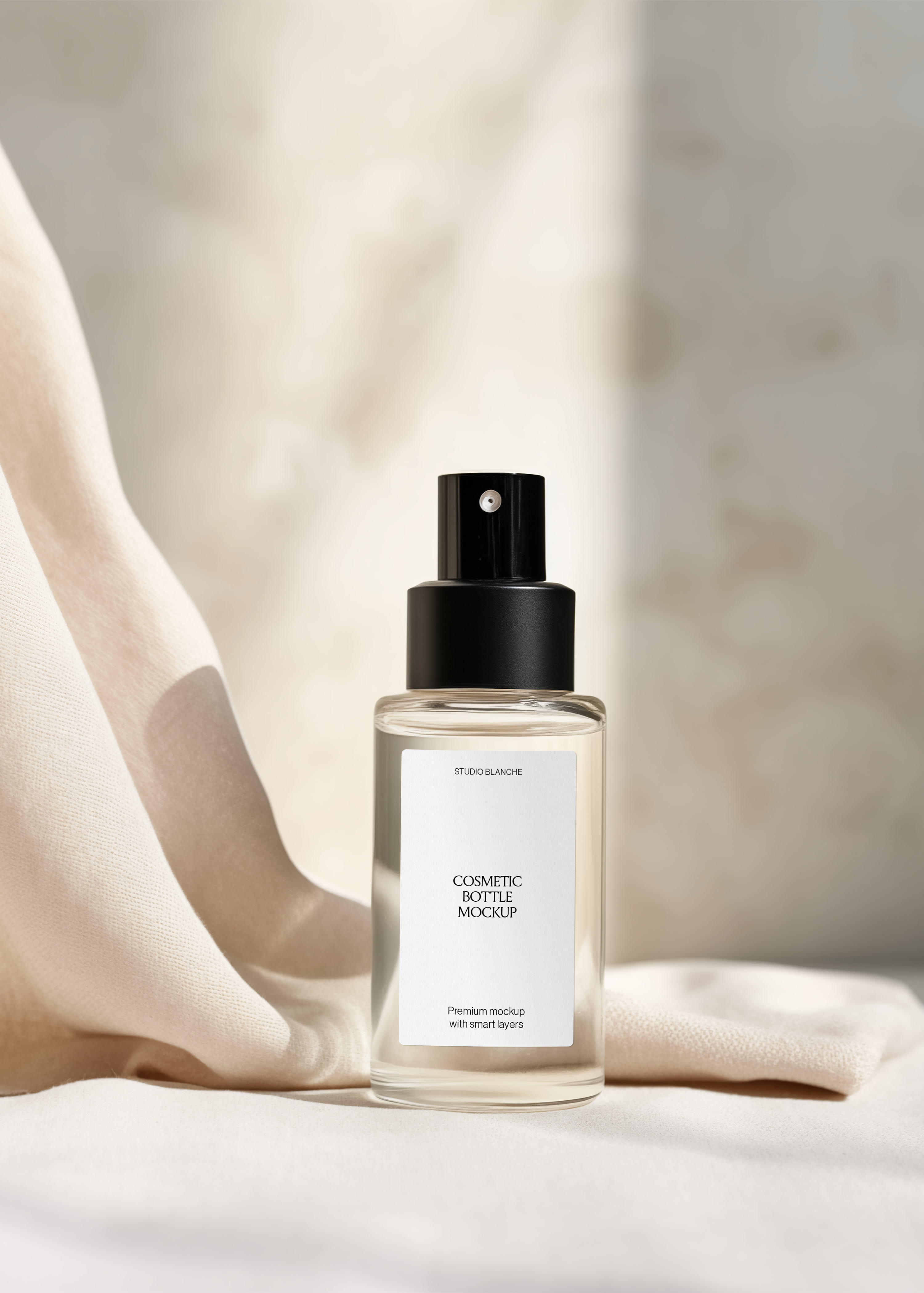 Cosmetic spray bottle mockup with rectangular white label and black mist pump on neutral linen, warm minimal styling
