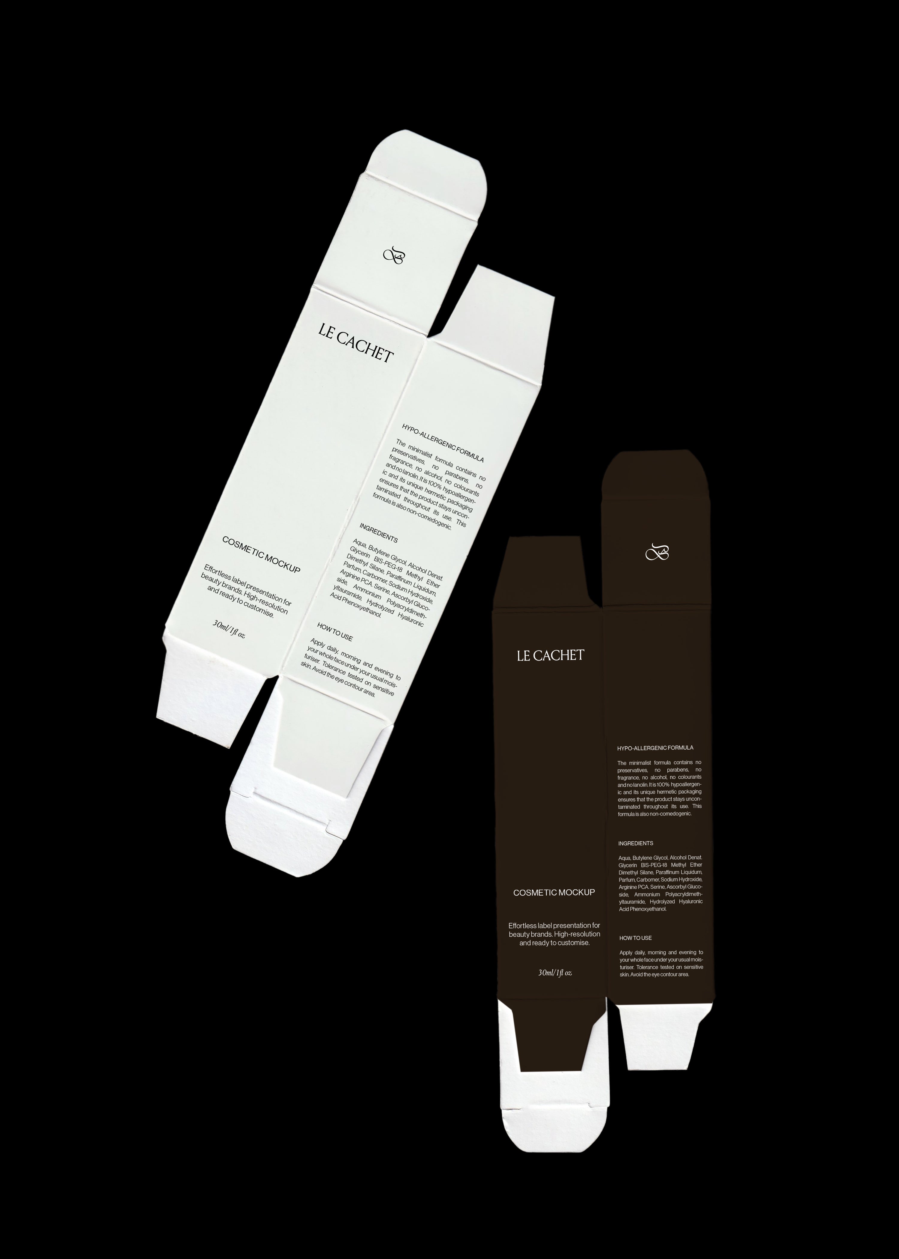 Two flattened cosmetic box mockups on black, one white and one dark brown with white type, angled flat lay