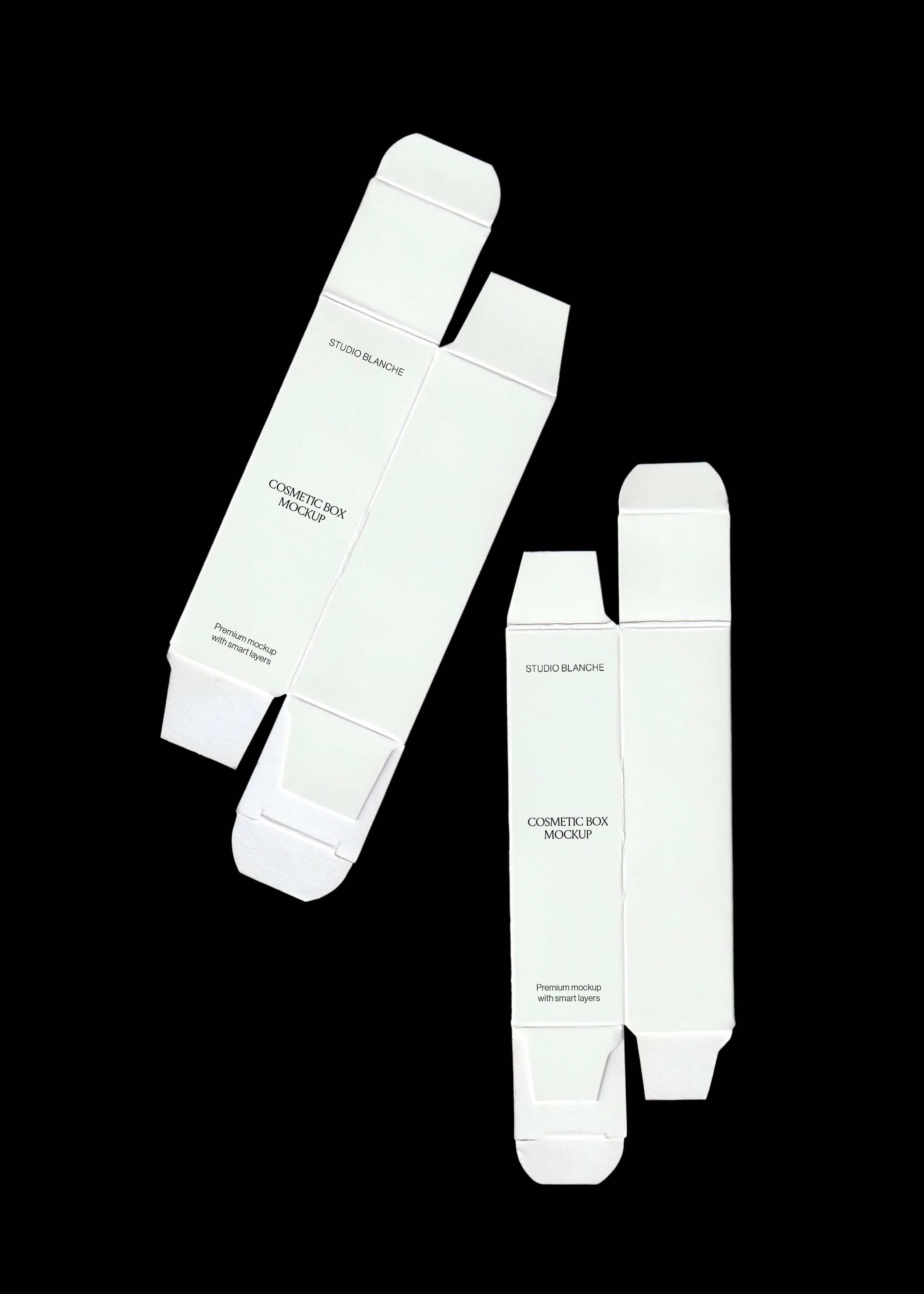 Pair of blank white cosmetic box mockups with open end flaps, scanned flat at an angle on black background