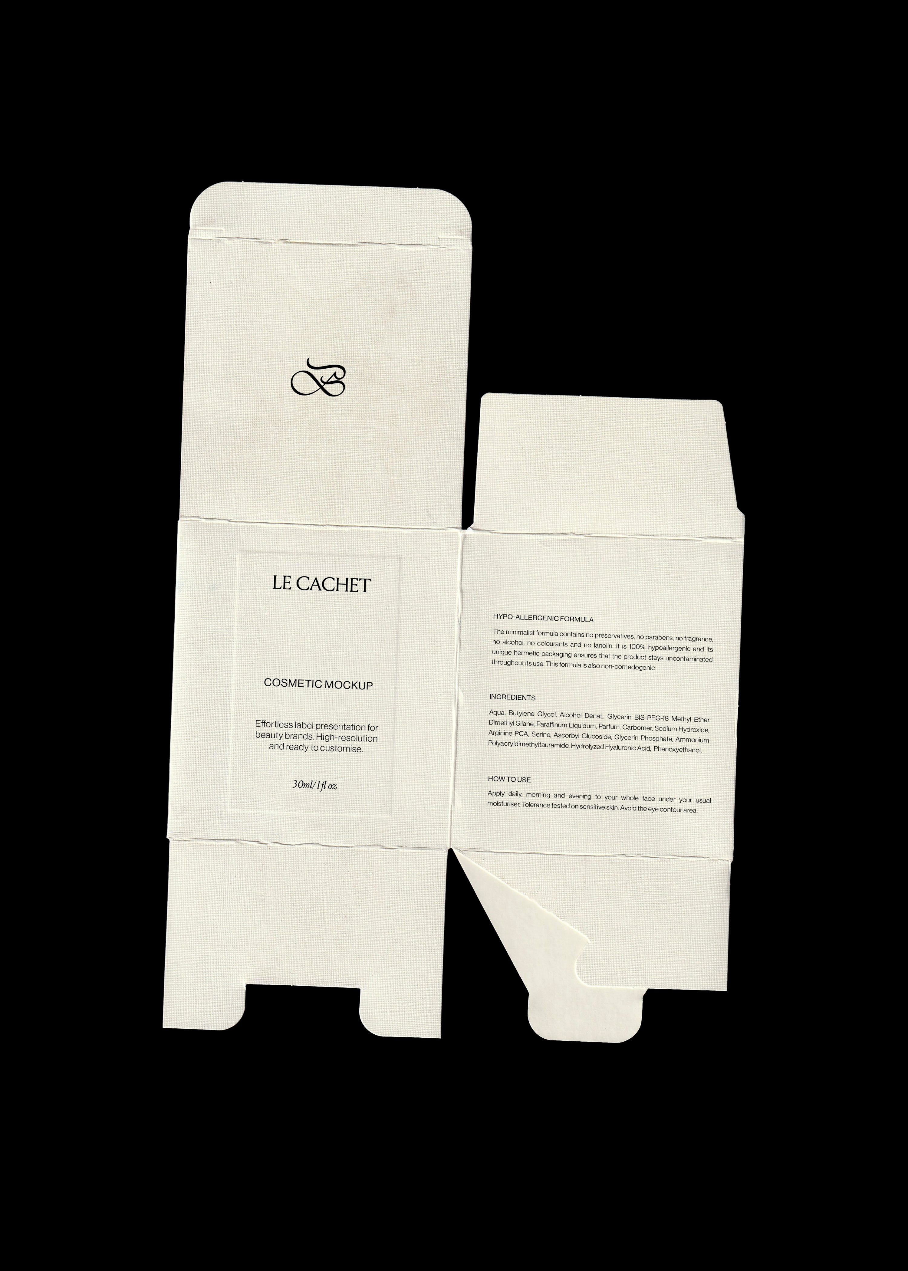 Unfolded cosmetic box mockup on black, textured cream card printed with serif brand name and ingredient panels