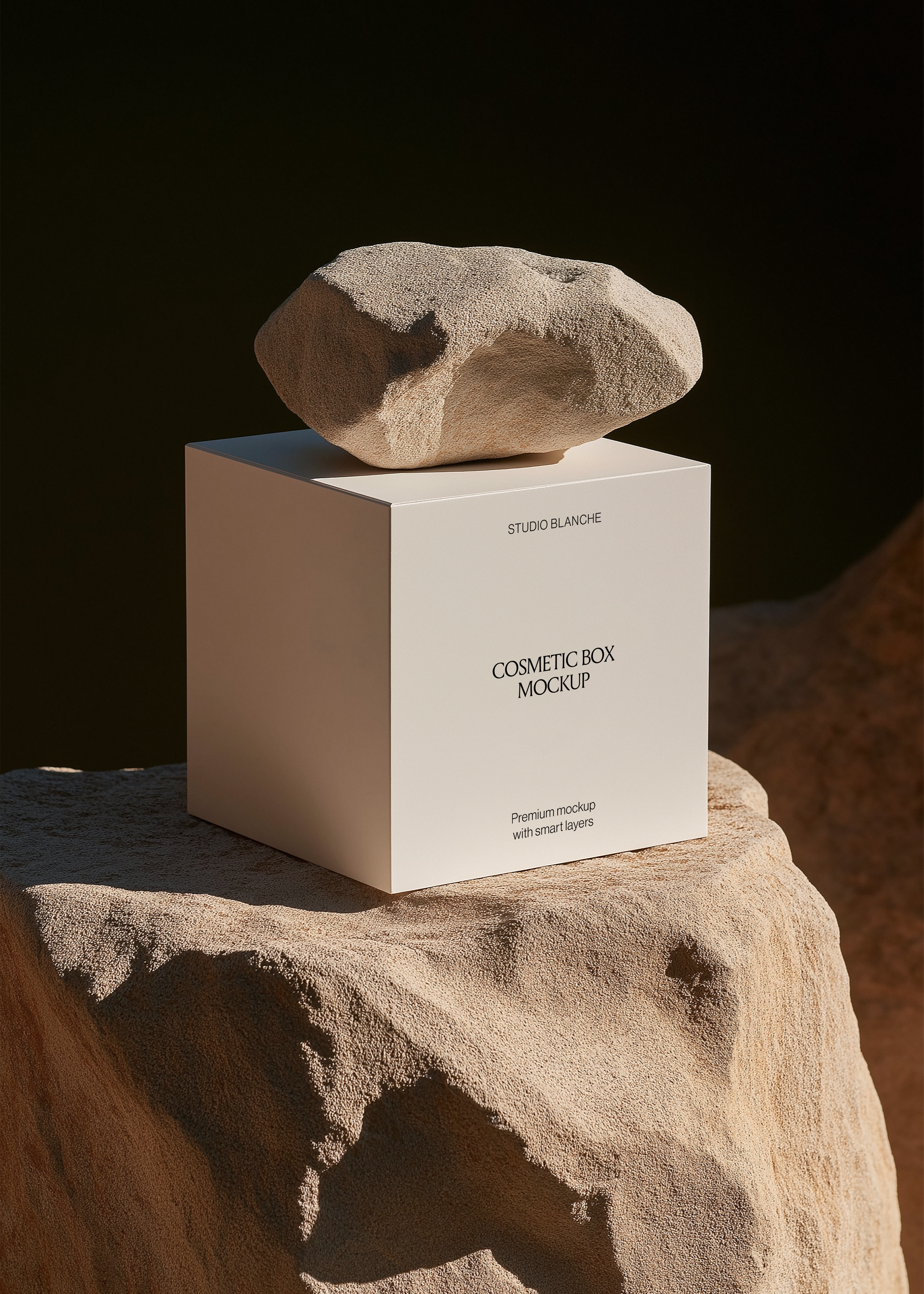 Front view of a white cosmetic box mockup reading Studio Blanche in strong sunlight on a sandstone rock with deep shadows