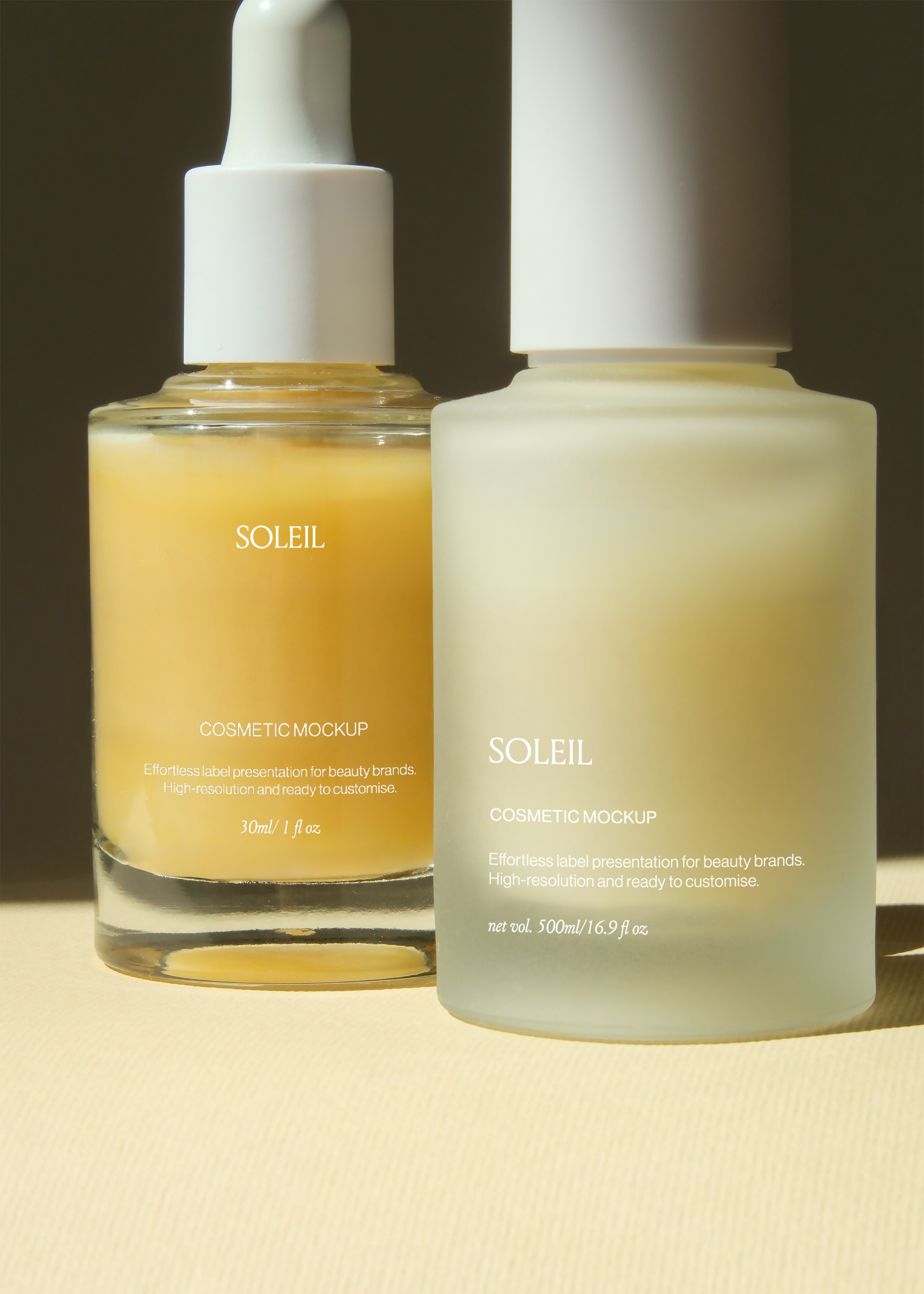 Amber dropper bottle and frosted pump bottle mockup set close together, warm sunlight and dark backdrop, white caps