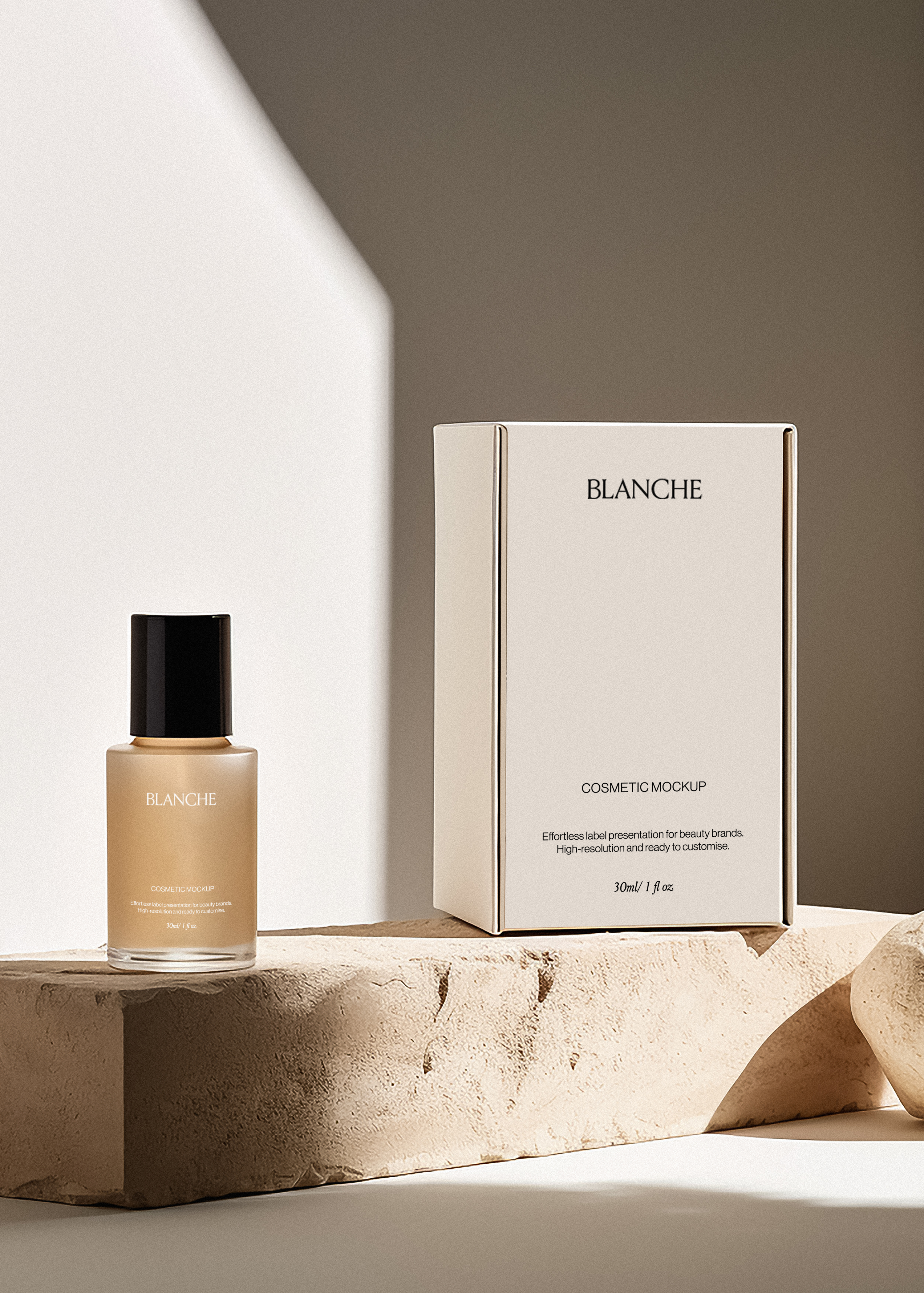 Cosmetic bottle and box mockup on carved sandstone ledge, frosted bottle with black cap, cream box, warm minimal scene