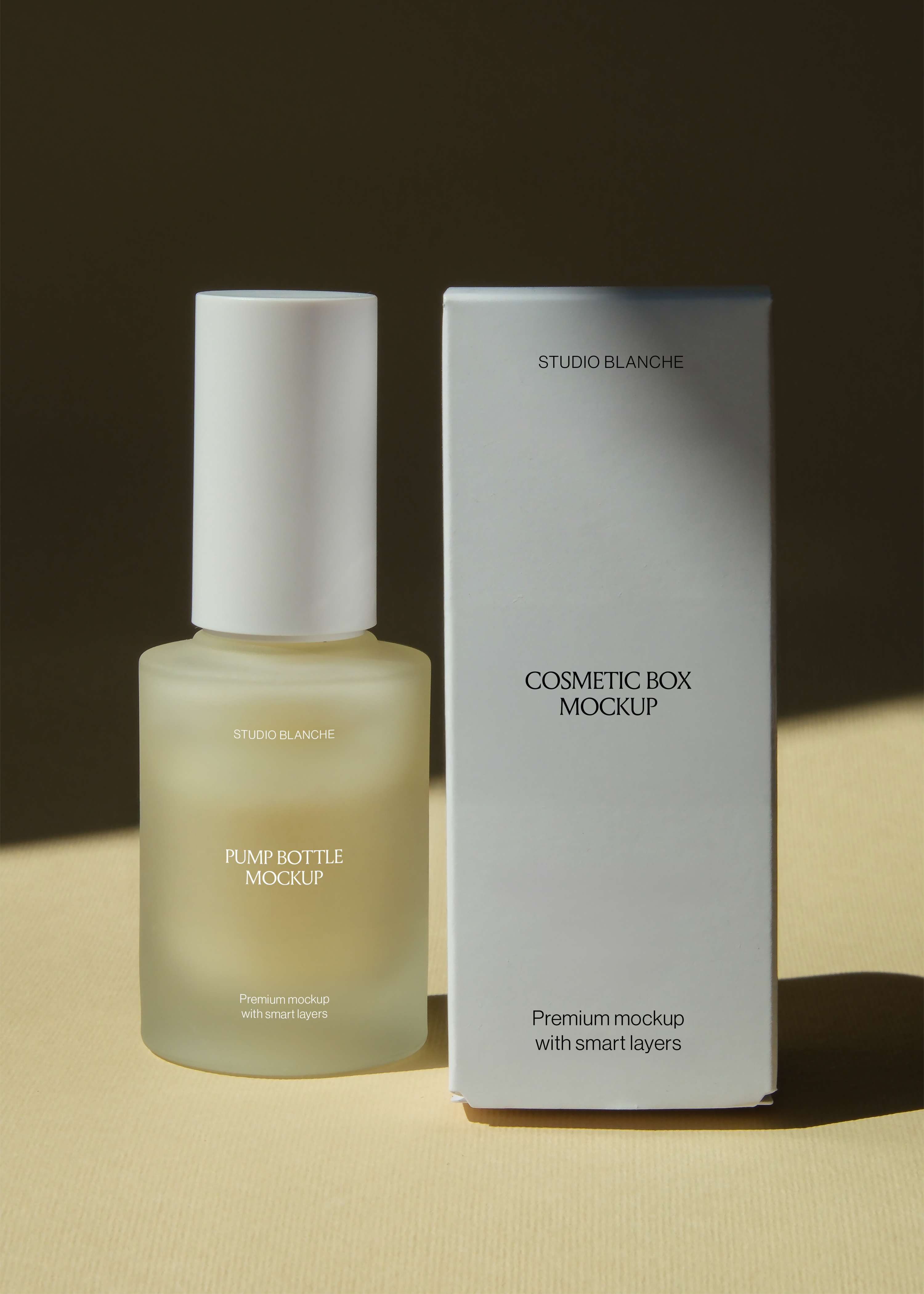 Cosmetic box and pump bottle mockup duo lit by warm side light, labels visible on both, shadowed background