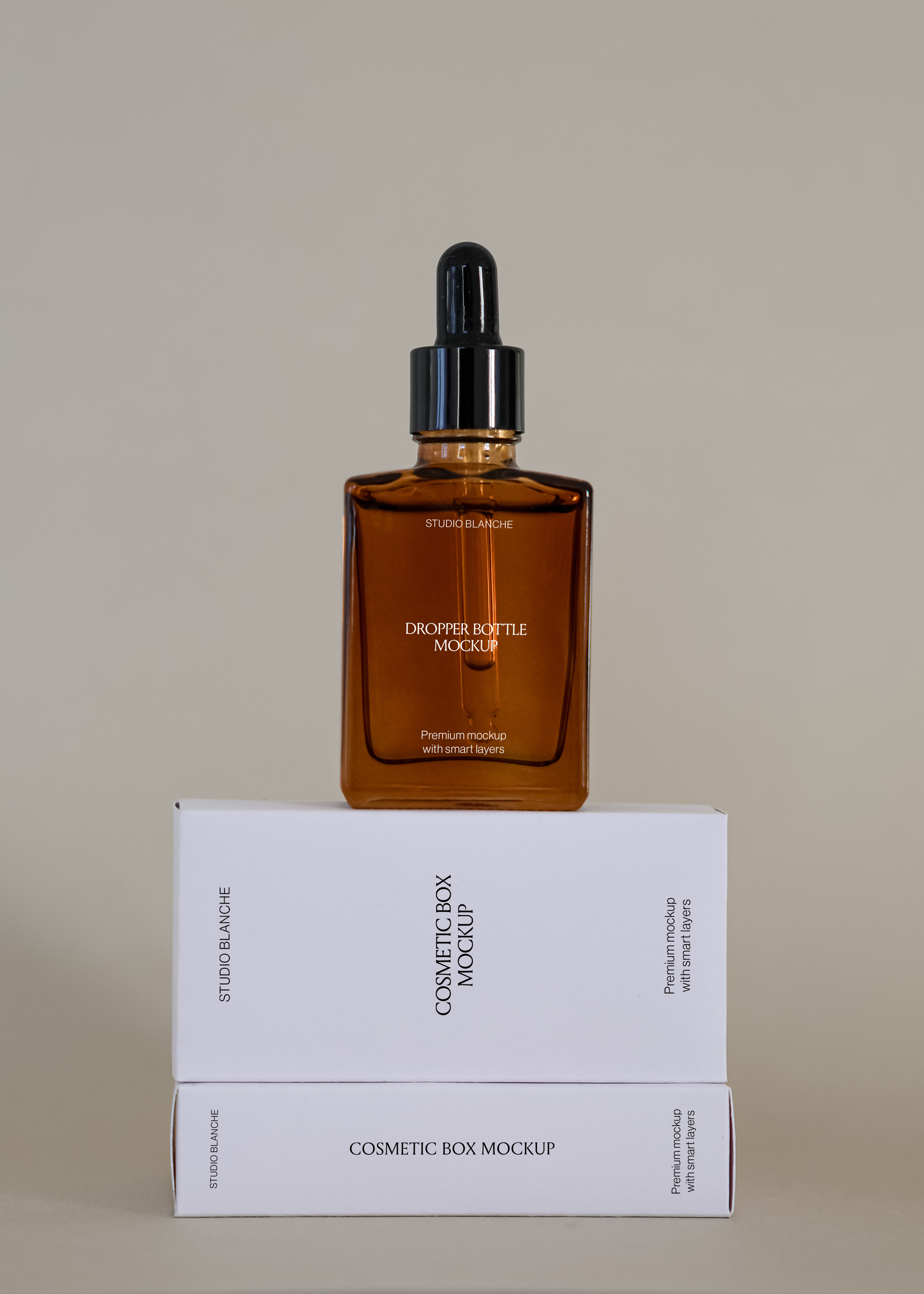 Amber dropper bottle with black cap upright on two stacked white cosmetic boxes, minimal neutral studio scene