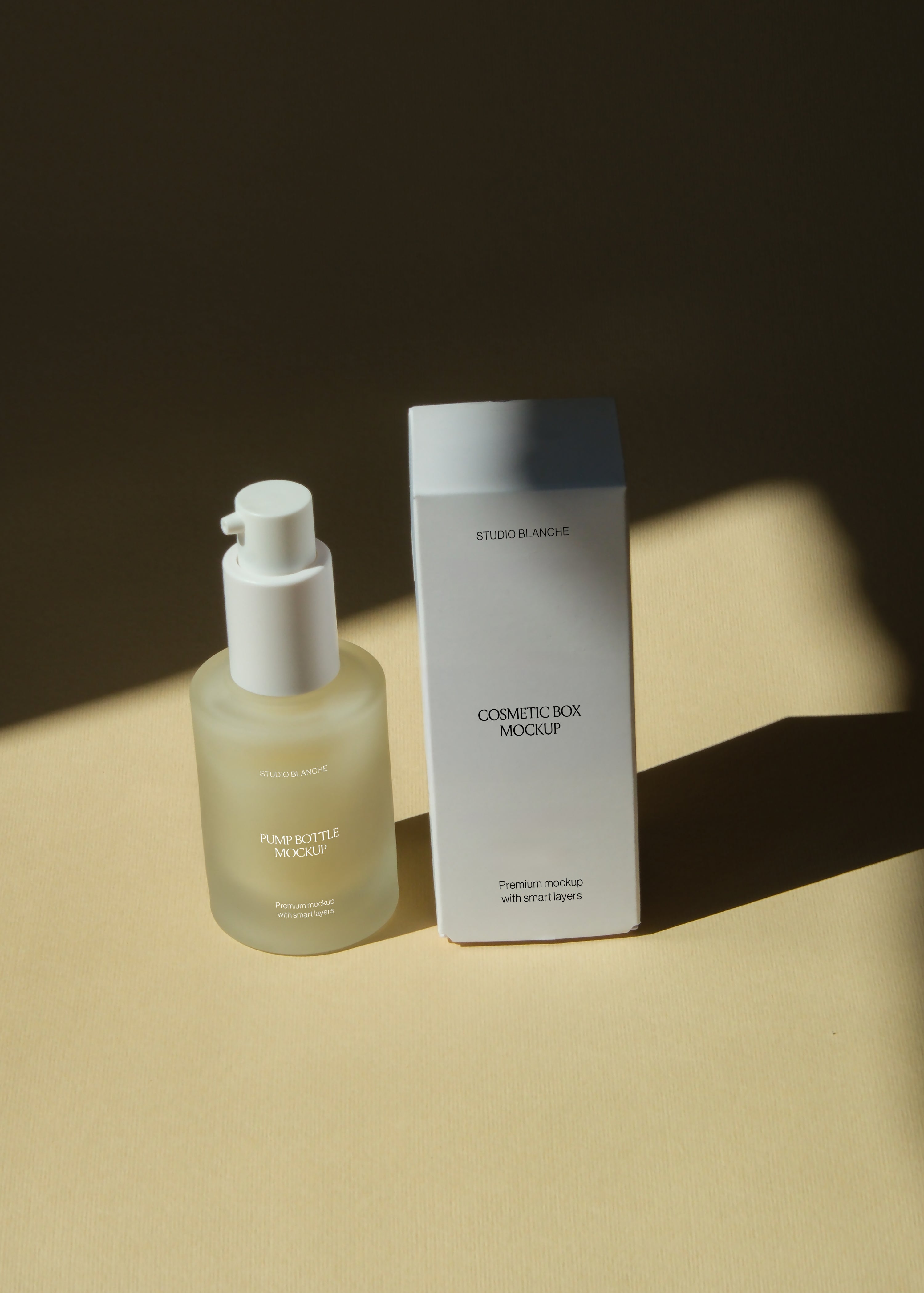Pump bottle and cosmetic box mockup pair lit by raking sunlight, dark backdrop, matching label styling shown