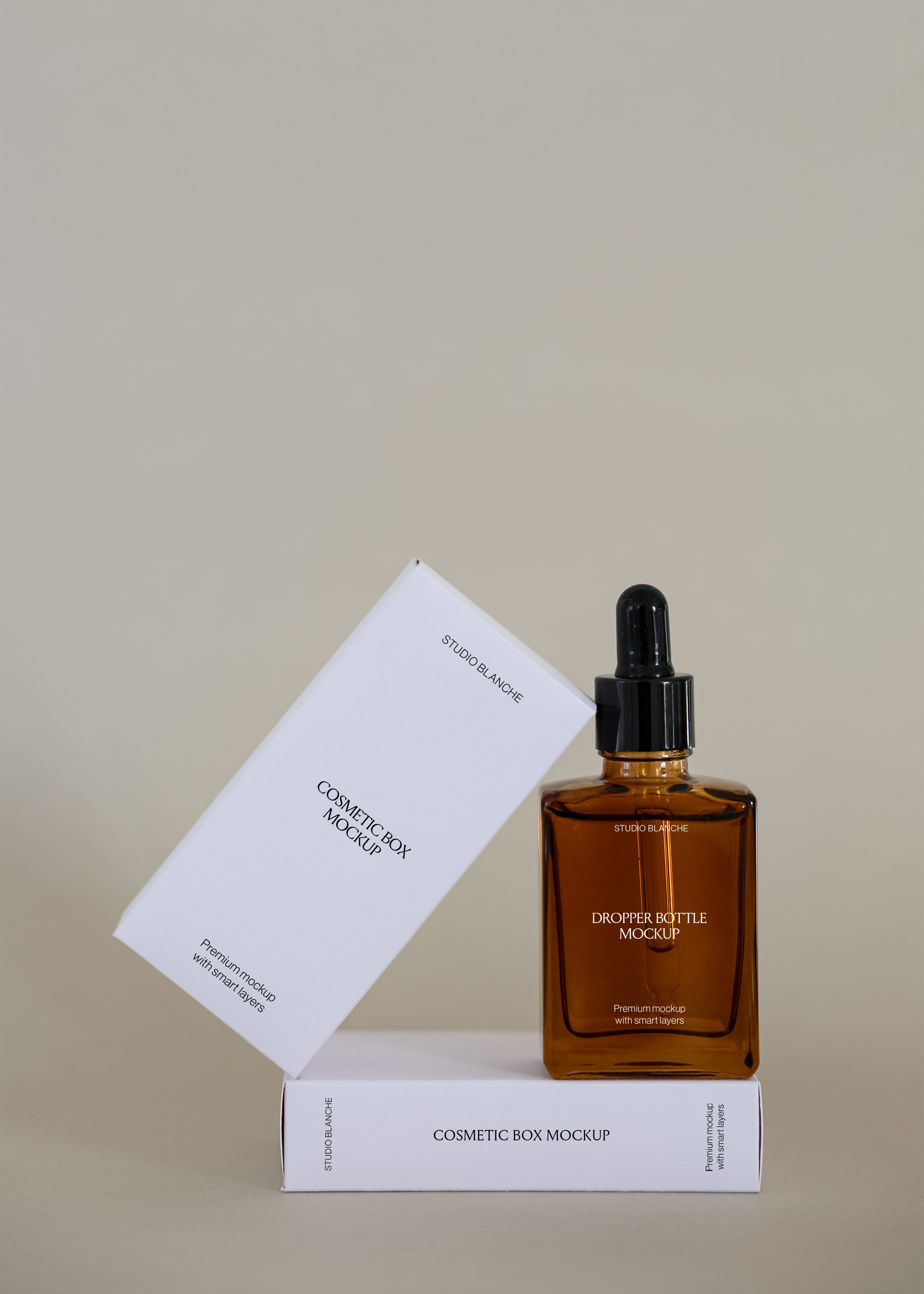 Amber dropper bottle with black cap next to angled cream cosmetic box on brown base, minimal warm studio scene
