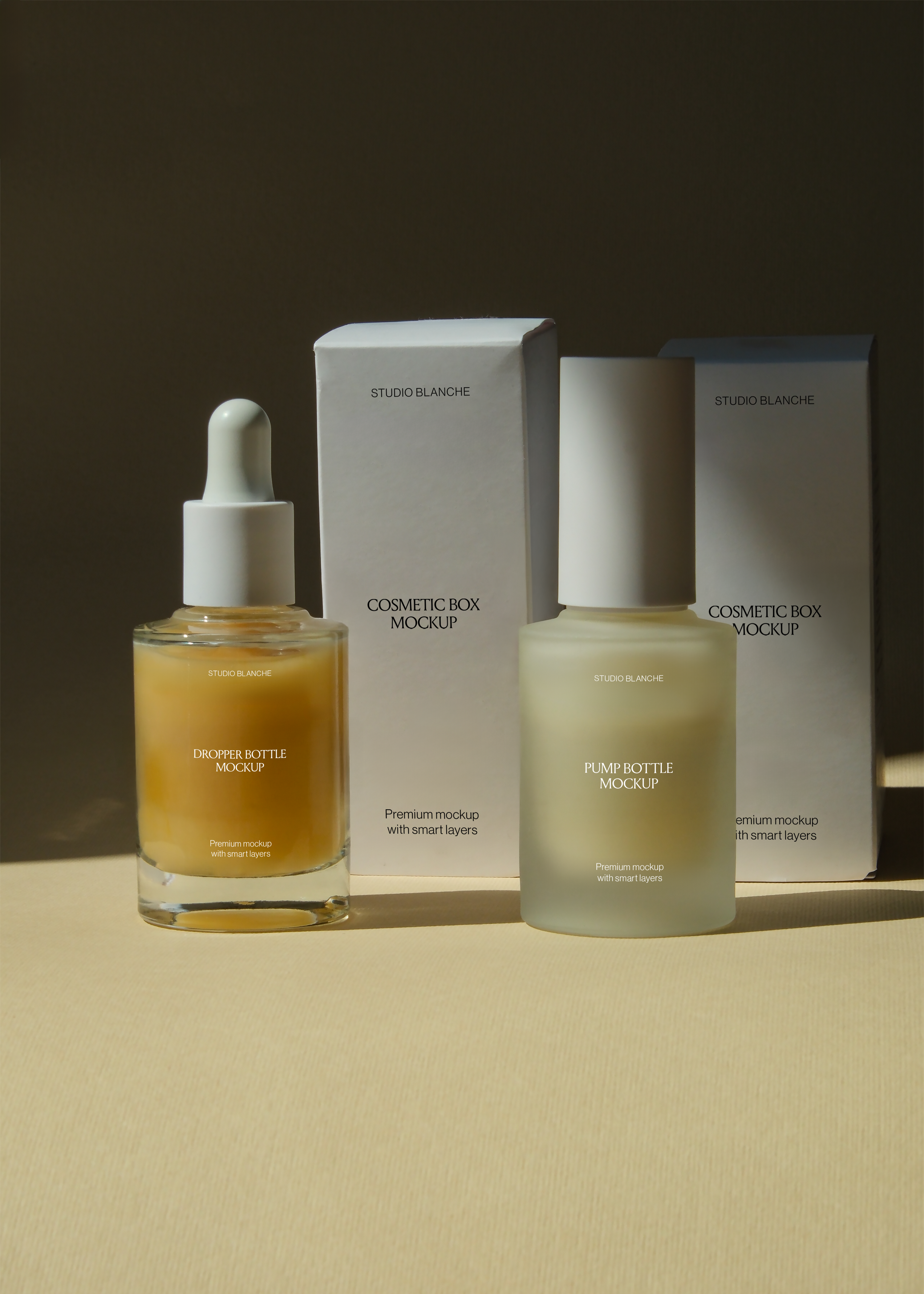 Full skincare packaging range mockup with dropper bottle, pump bottle, and boxes staggered against dark backdrop