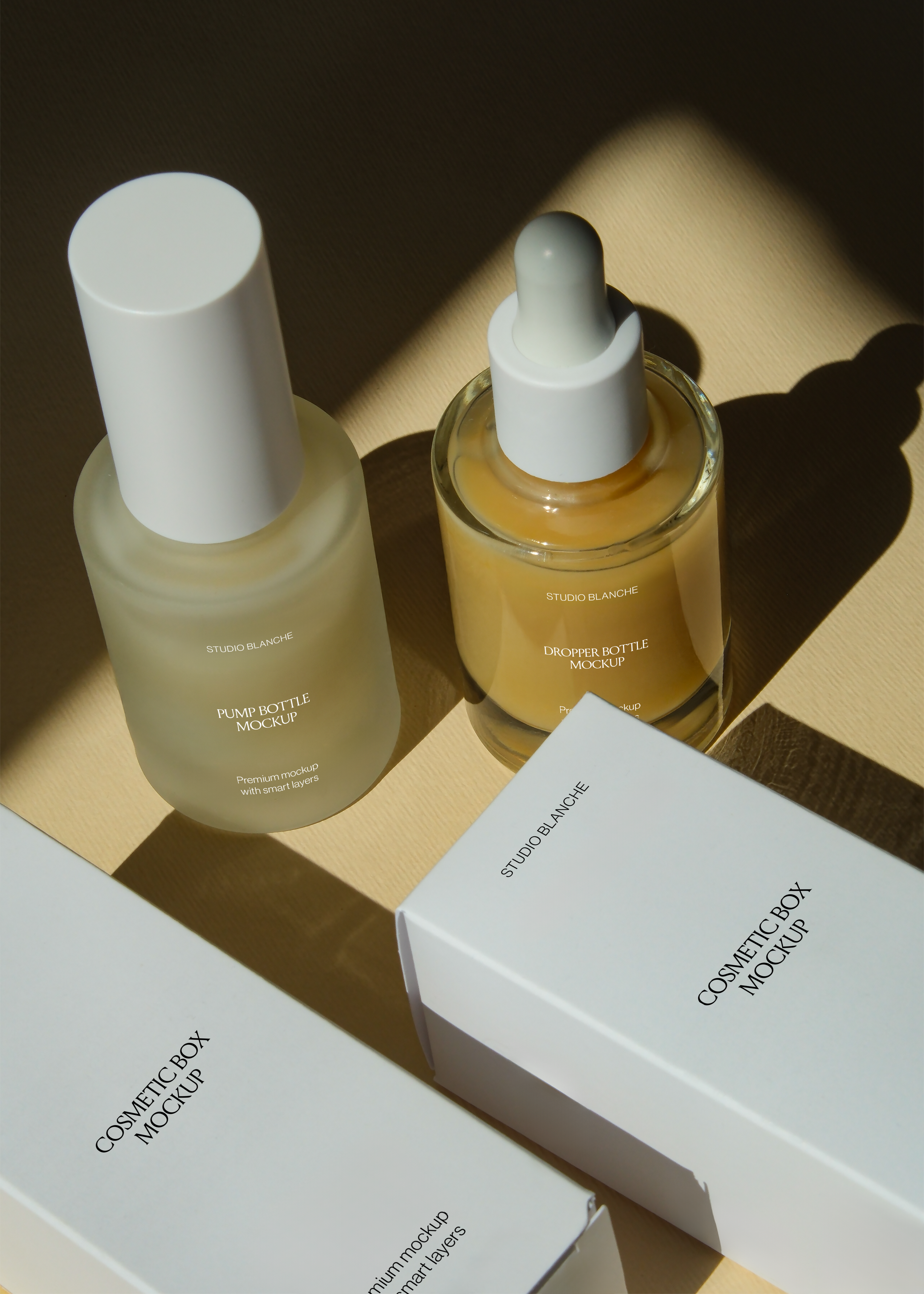 Skincare packaging range mockup shot from above with matching boxes, warm sunlight and long shadows across the scene