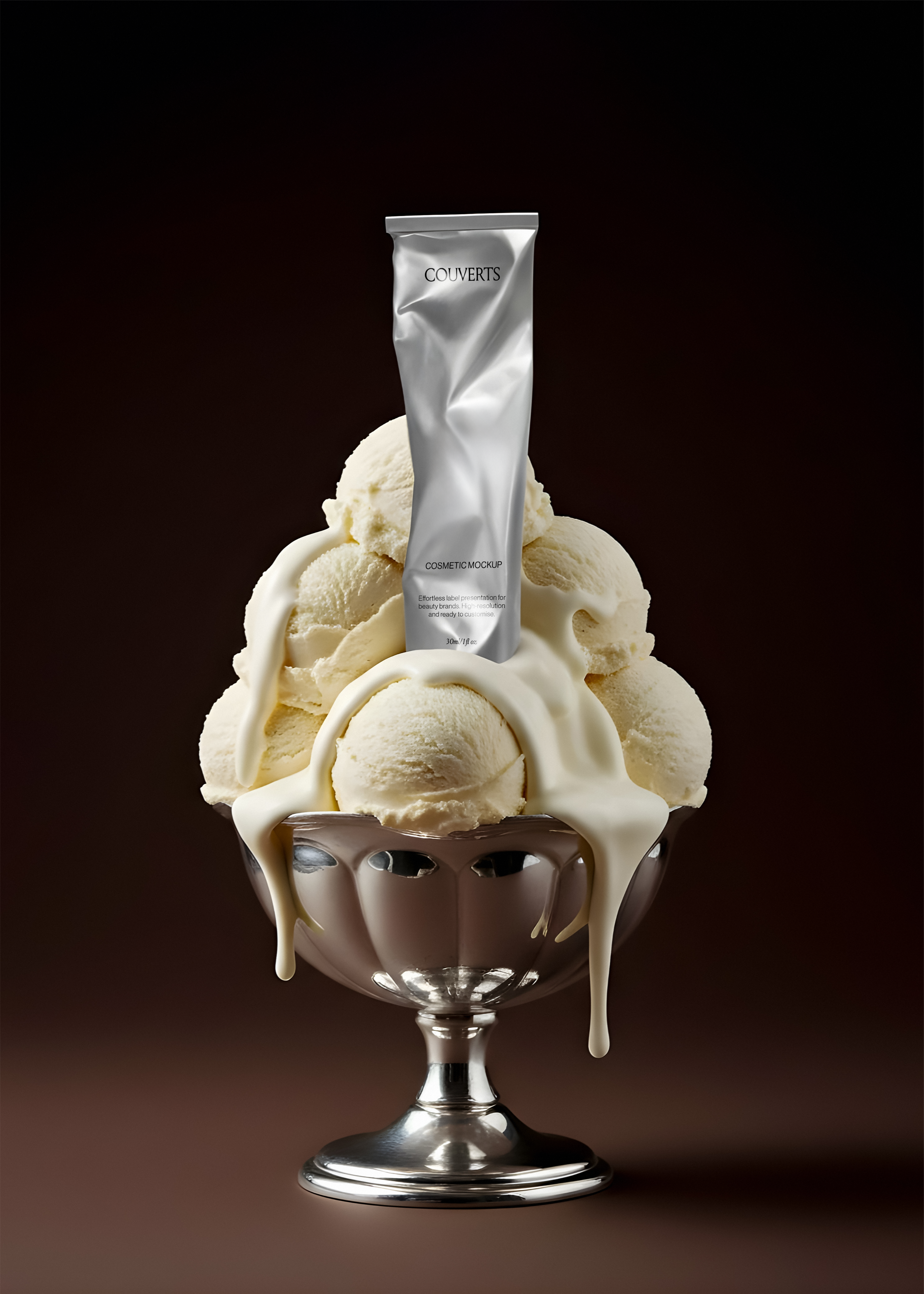 Silver cosmetic tube mockup upright in a vintage metal coupe of vanilla ice cream scoops with melting drips