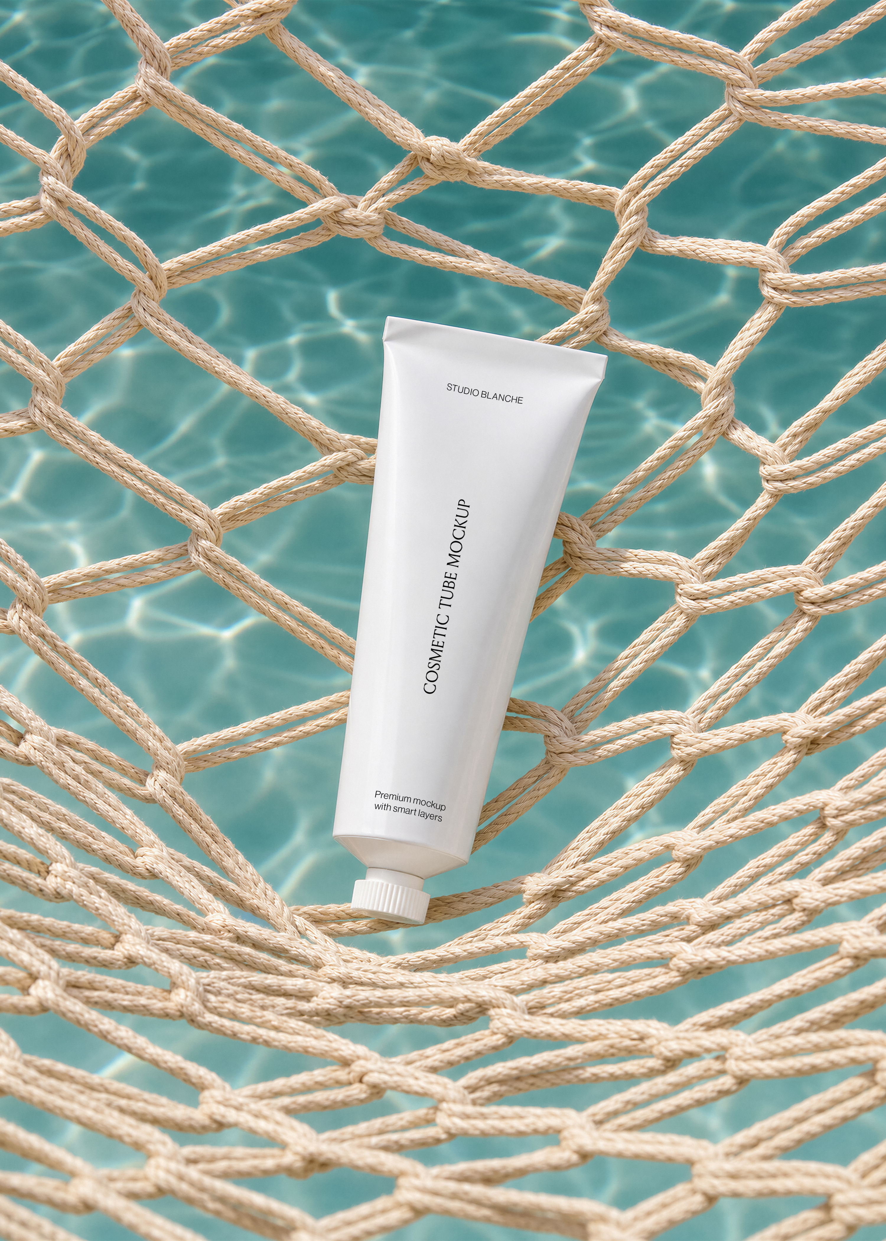 White cosmetic tube mockup resting on a beige rope net stretched over a turquoise swimming pool, coastal styling