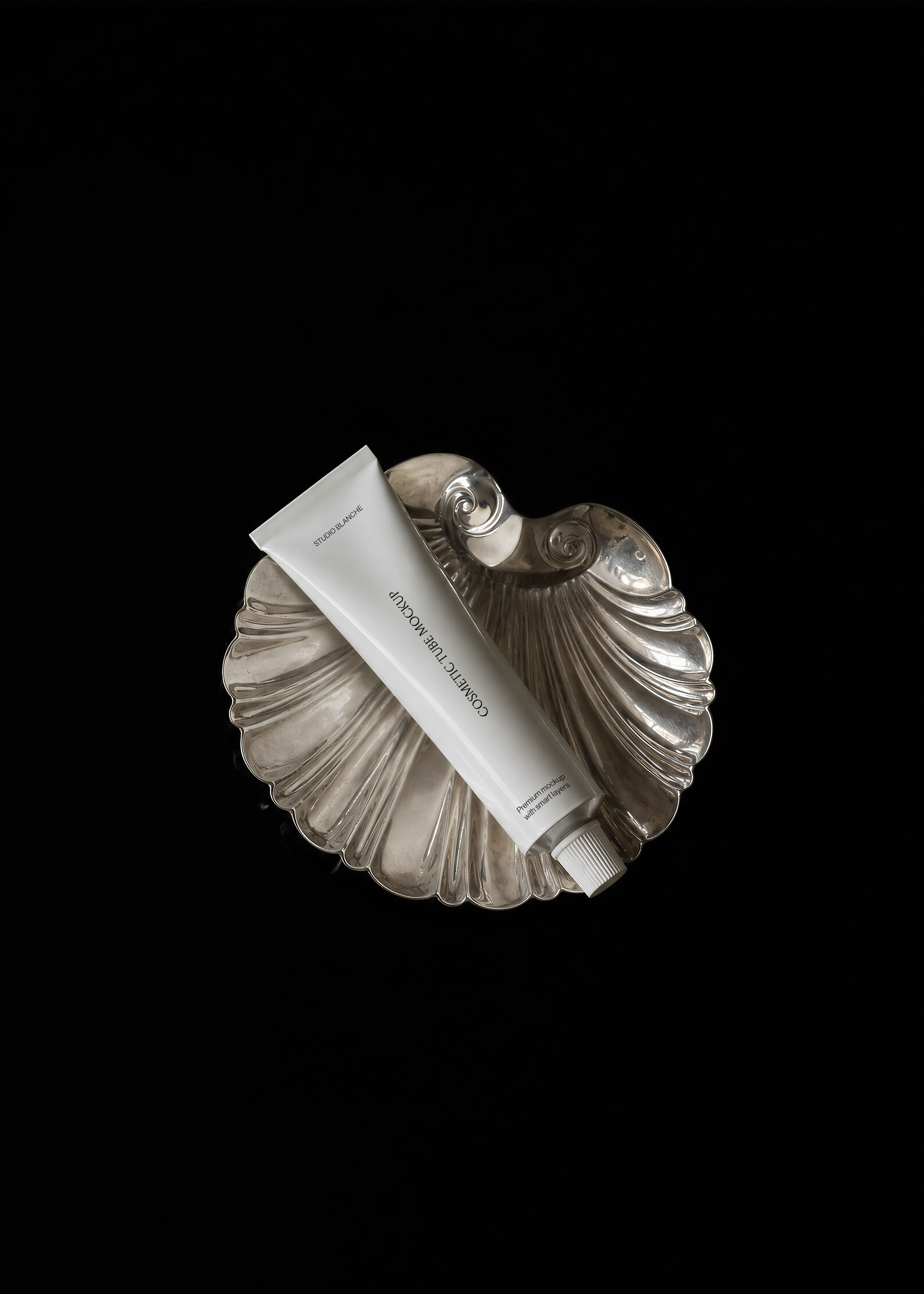 Cosmetic tube mockup on silver shell tray, dark editorial styling, label area shown upright against deep black backdrop