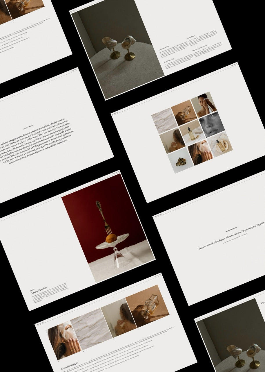 Collage of creative direction pages with various compositions on a black background